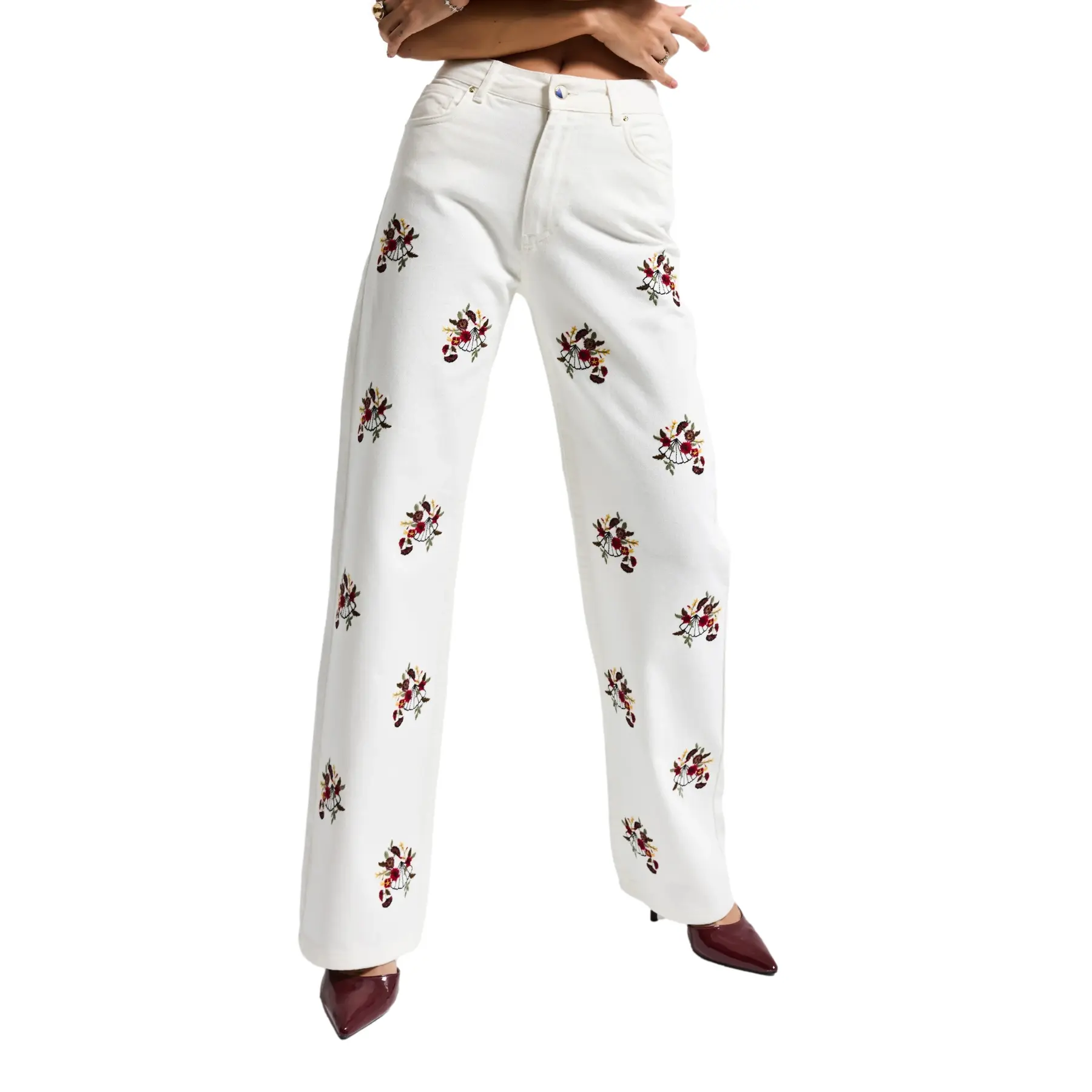 Jeans Straight vita alta con elegante ricamo floreale donna
