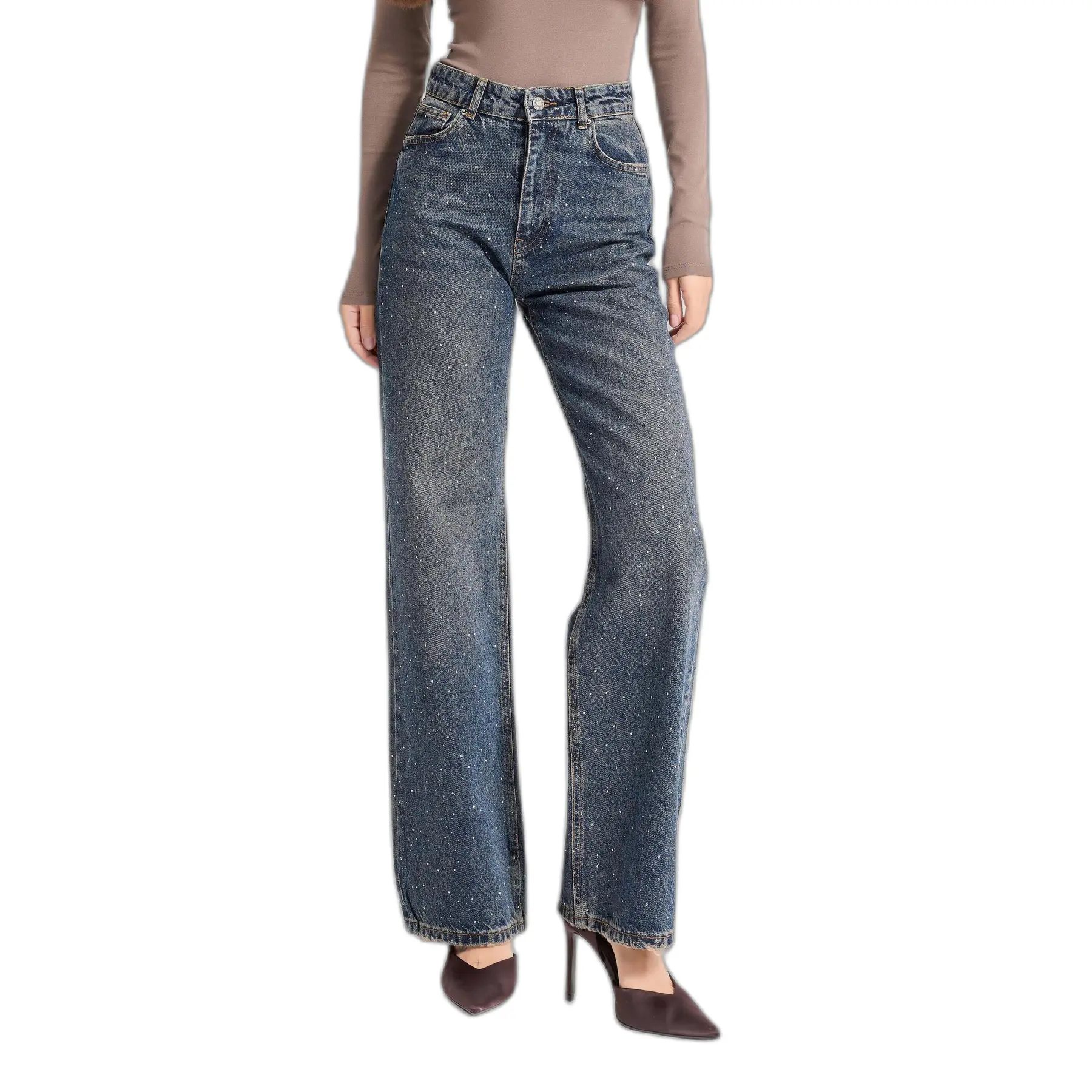 Image of Hochtaillierte Damen Jeans Straight aus Baumwolle It's Basic Rhinestone Rhinestone