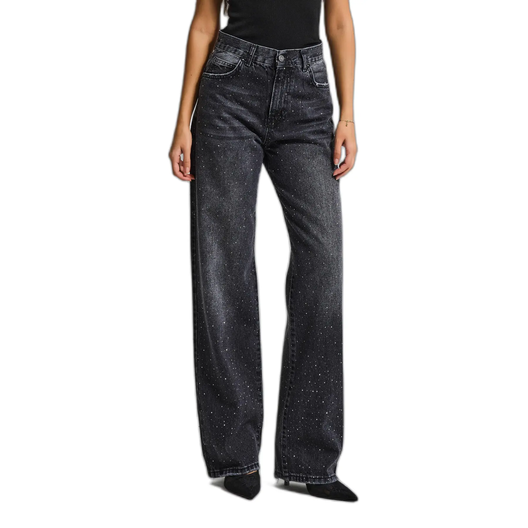 Image of Damen Jeans mit mittelhoher Taille, lockere Passform It's Basic Rhinestone