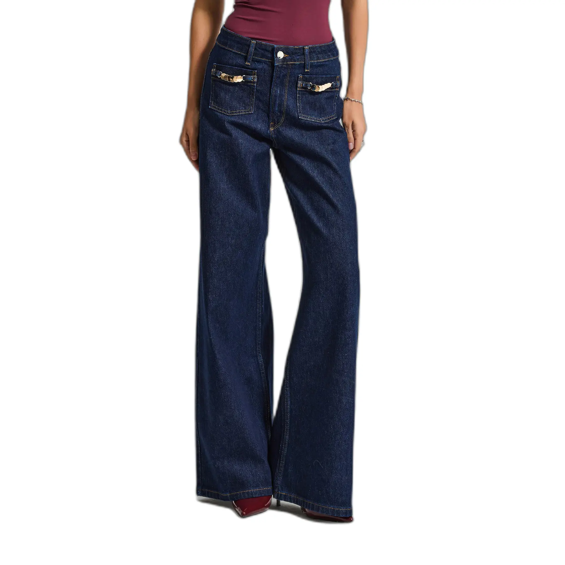 Jeans Wide Leg aspetto raffinato vita media donna