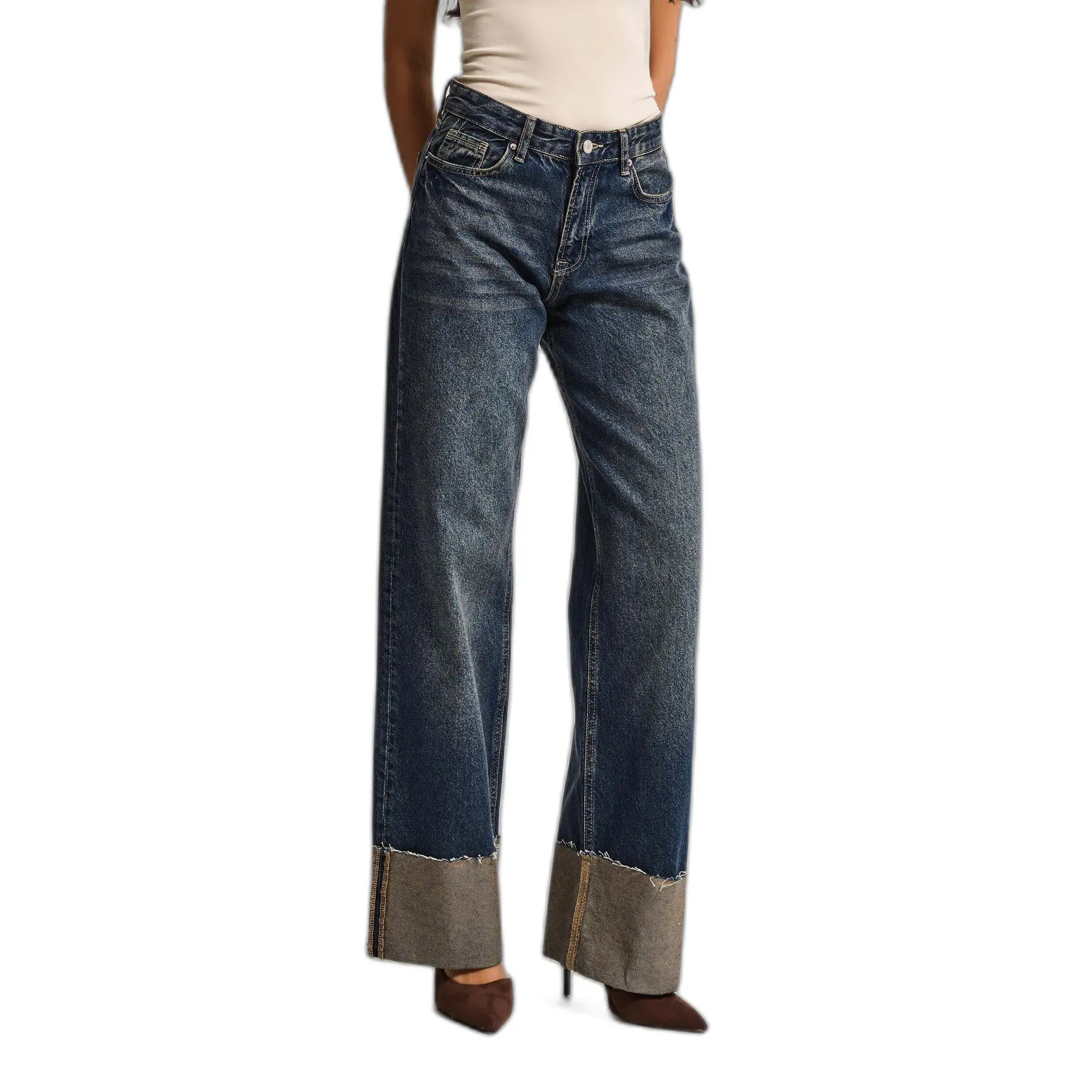Jeans Straight con dettaglio orlo risvolto vita alta cotone donna