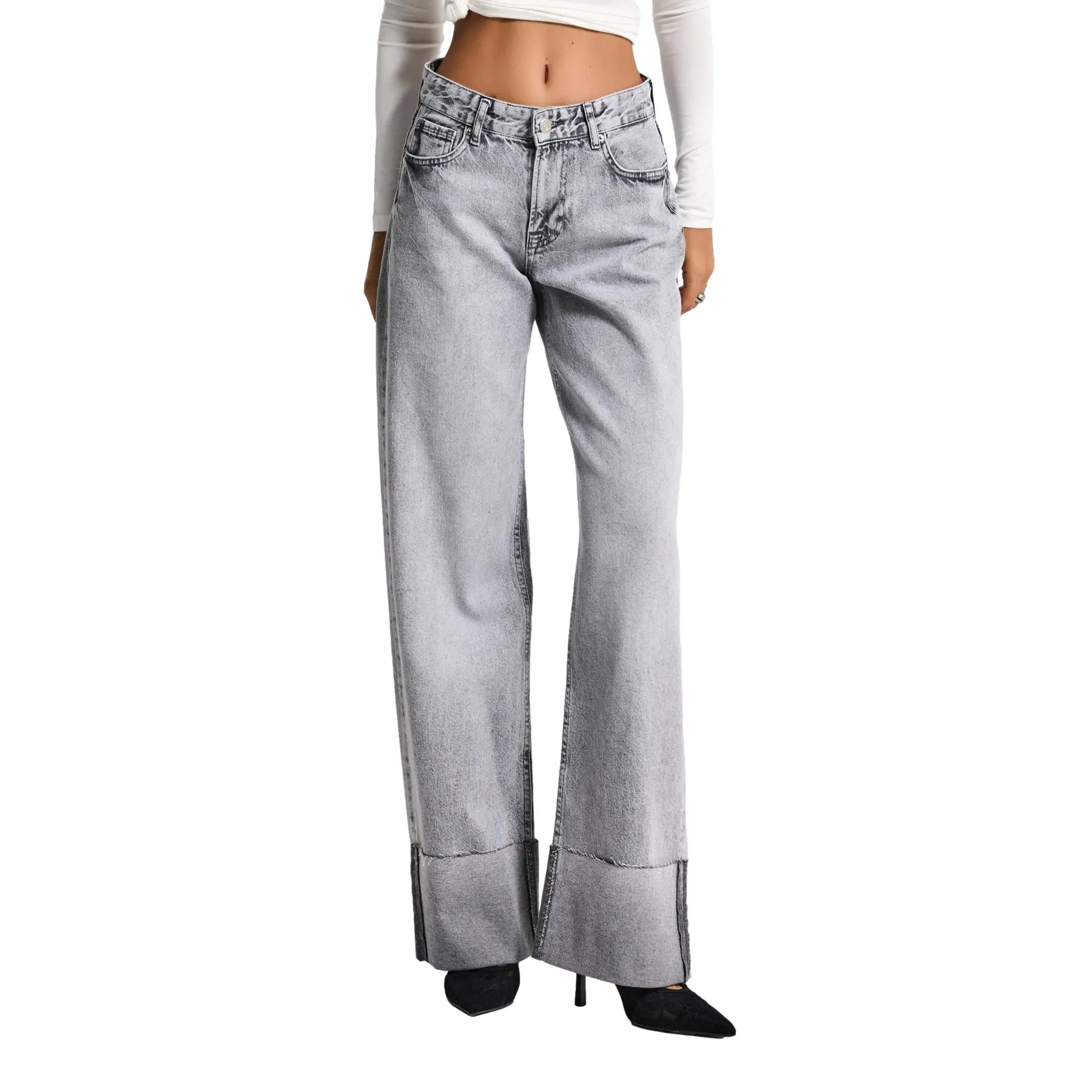 Jeans Straight Mit Umgeschlagenem Saum Mittelhoch Taille Baumwolle Damen It's Basic