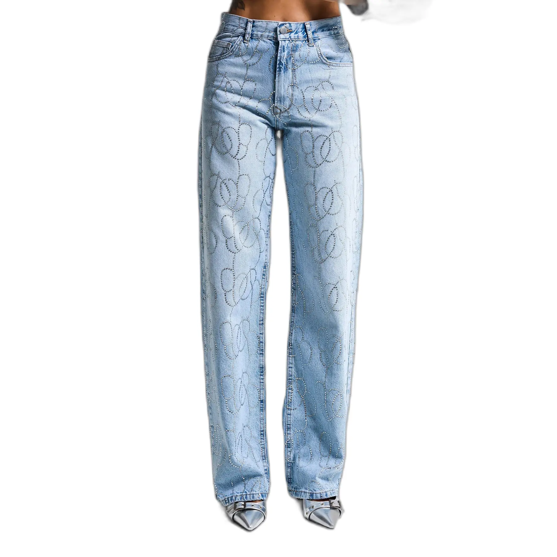 Jeans Loose vita media cotone rigido donna  Rhinestone