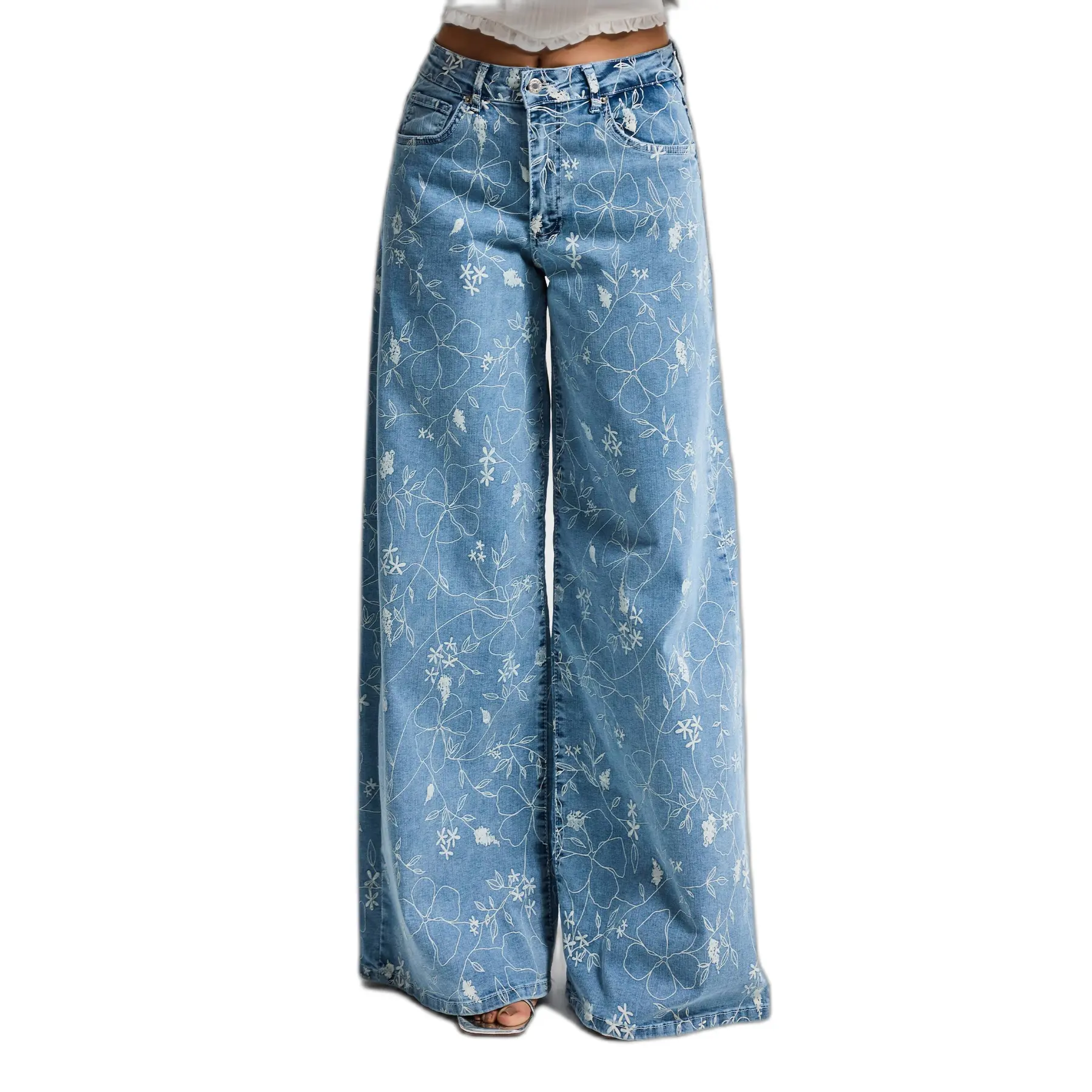 Image of Jeans Palazzo Wide Leg mit Blumenmuster in mittlerer Taille für Frauen It's Basic