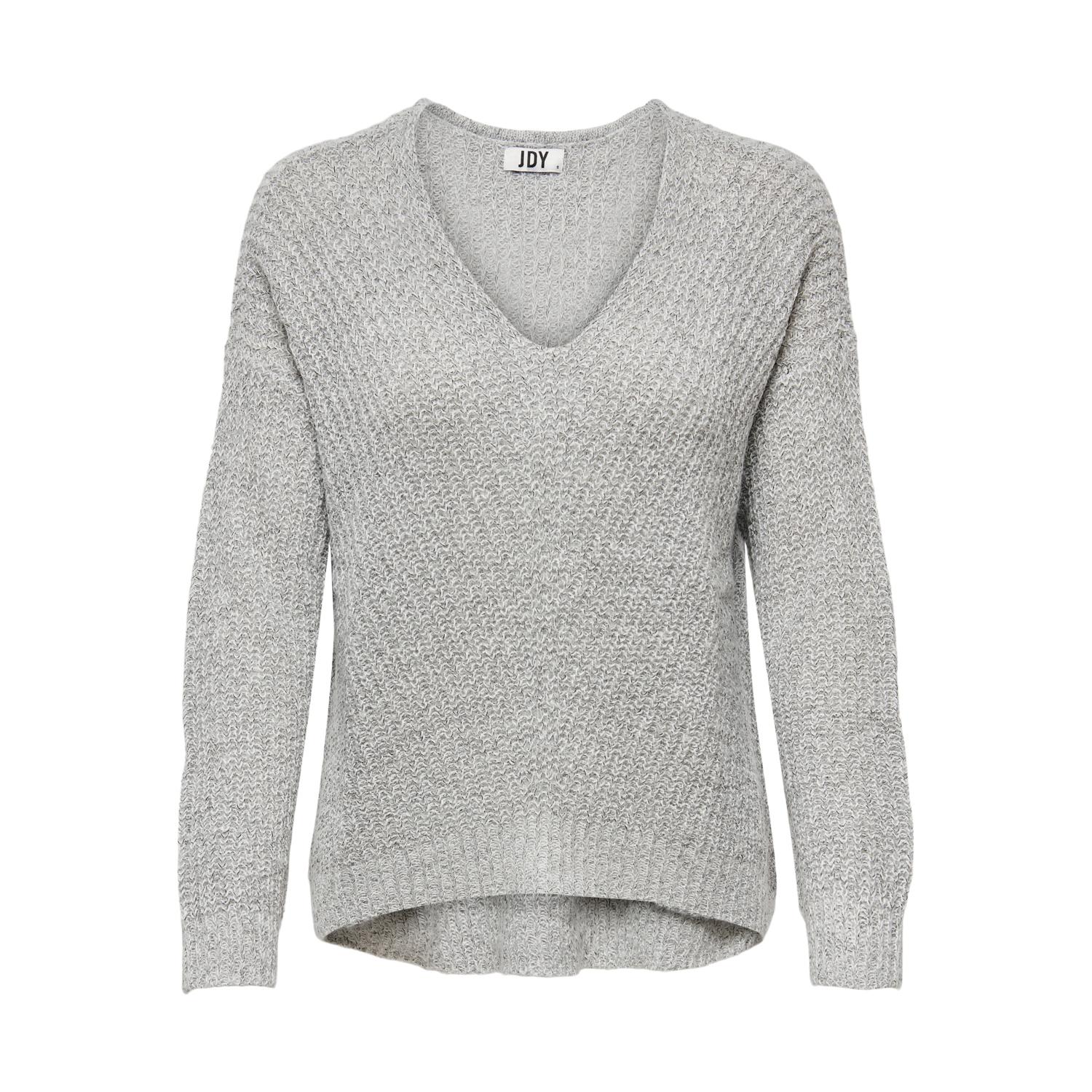 5714912647301 - JDY V-Pullover JDYNEW MEGAN L S PULLOVER KNT NOOS Cloud Dancer W BLACK PLY Unifarben Grau - Gr XS