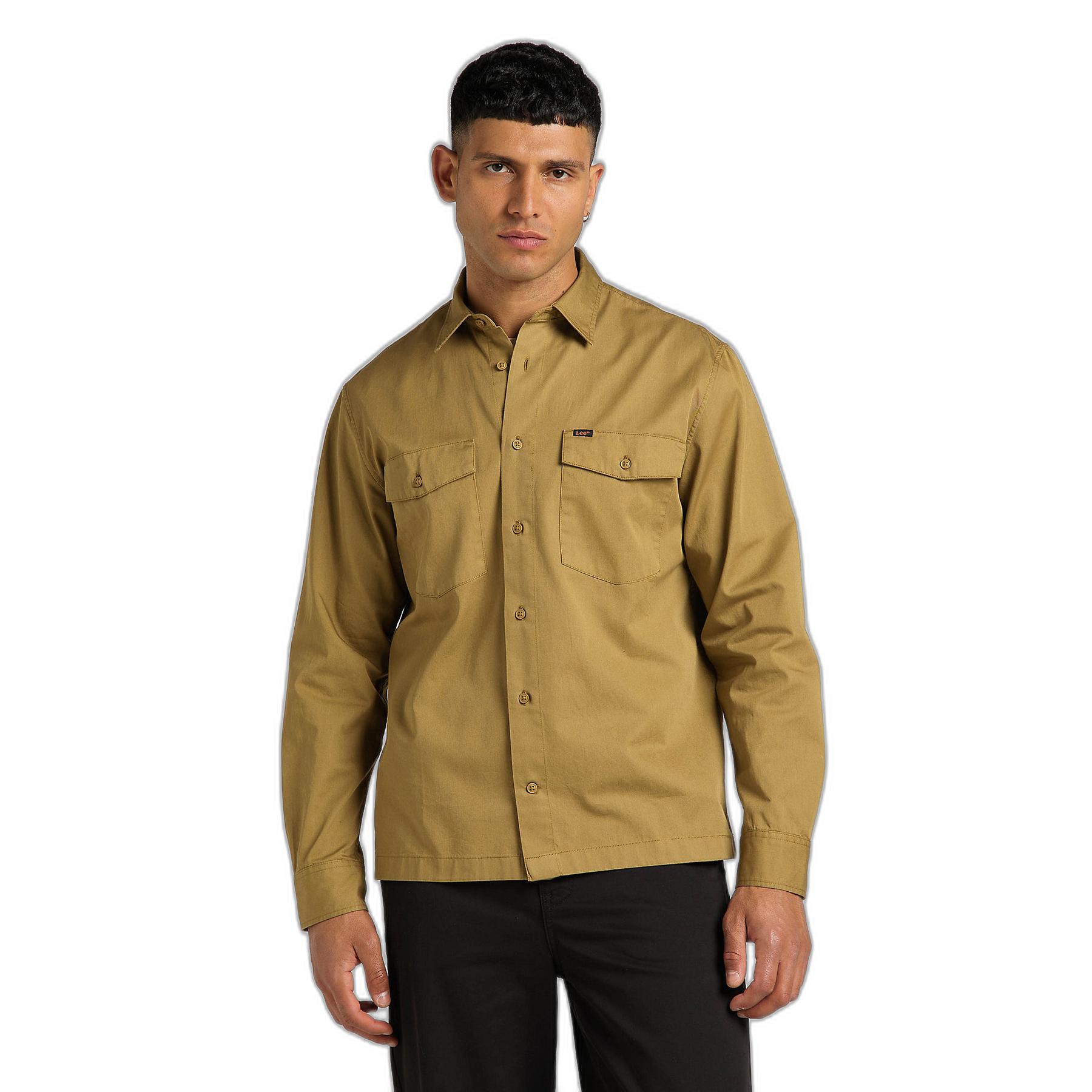 5401019009162 - - Locker geschnittenes Utility-Hemd aus Twill in Hellbraun mit Logo-Aufnäher