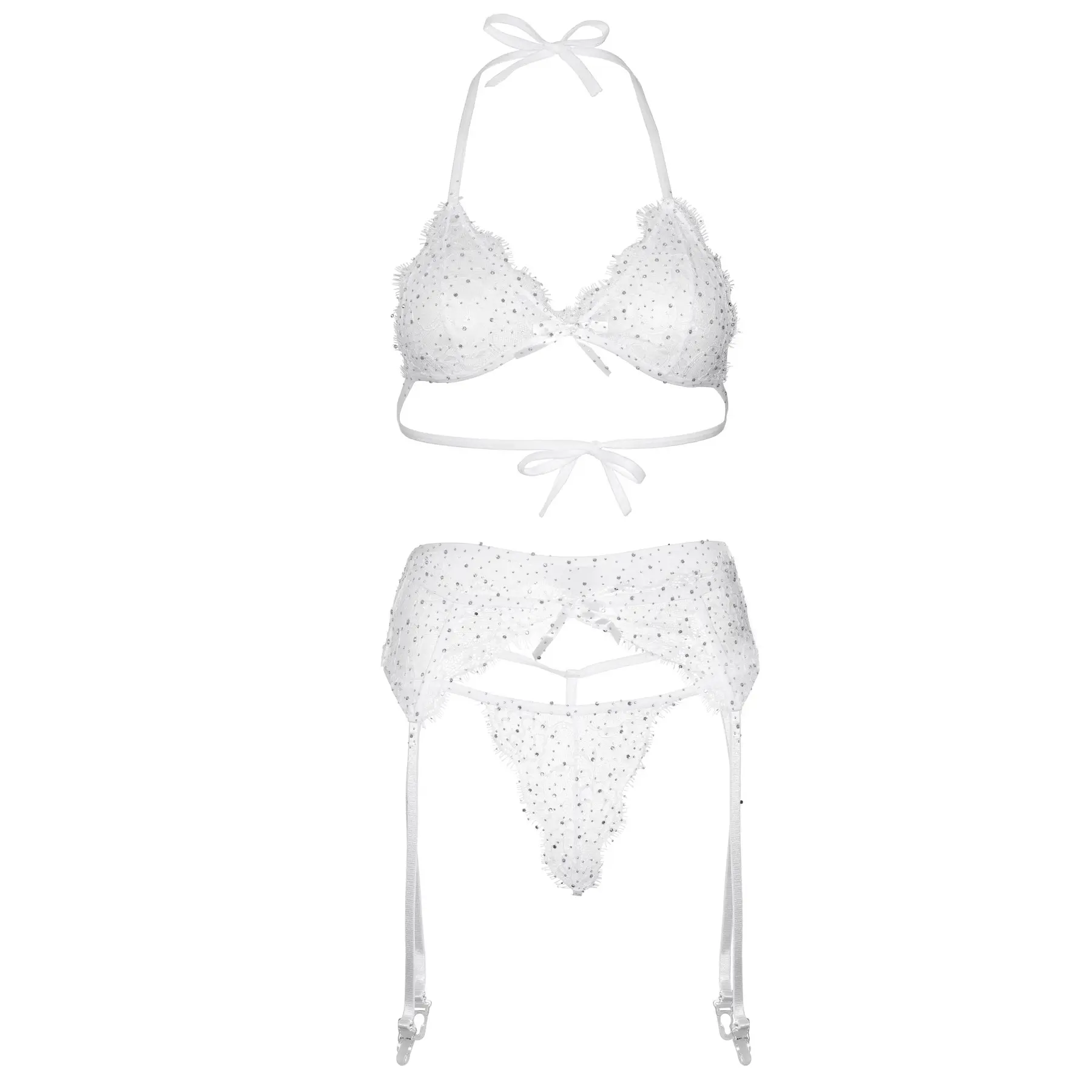 Soutien-gorge in pizzo + string e reggicalze donna