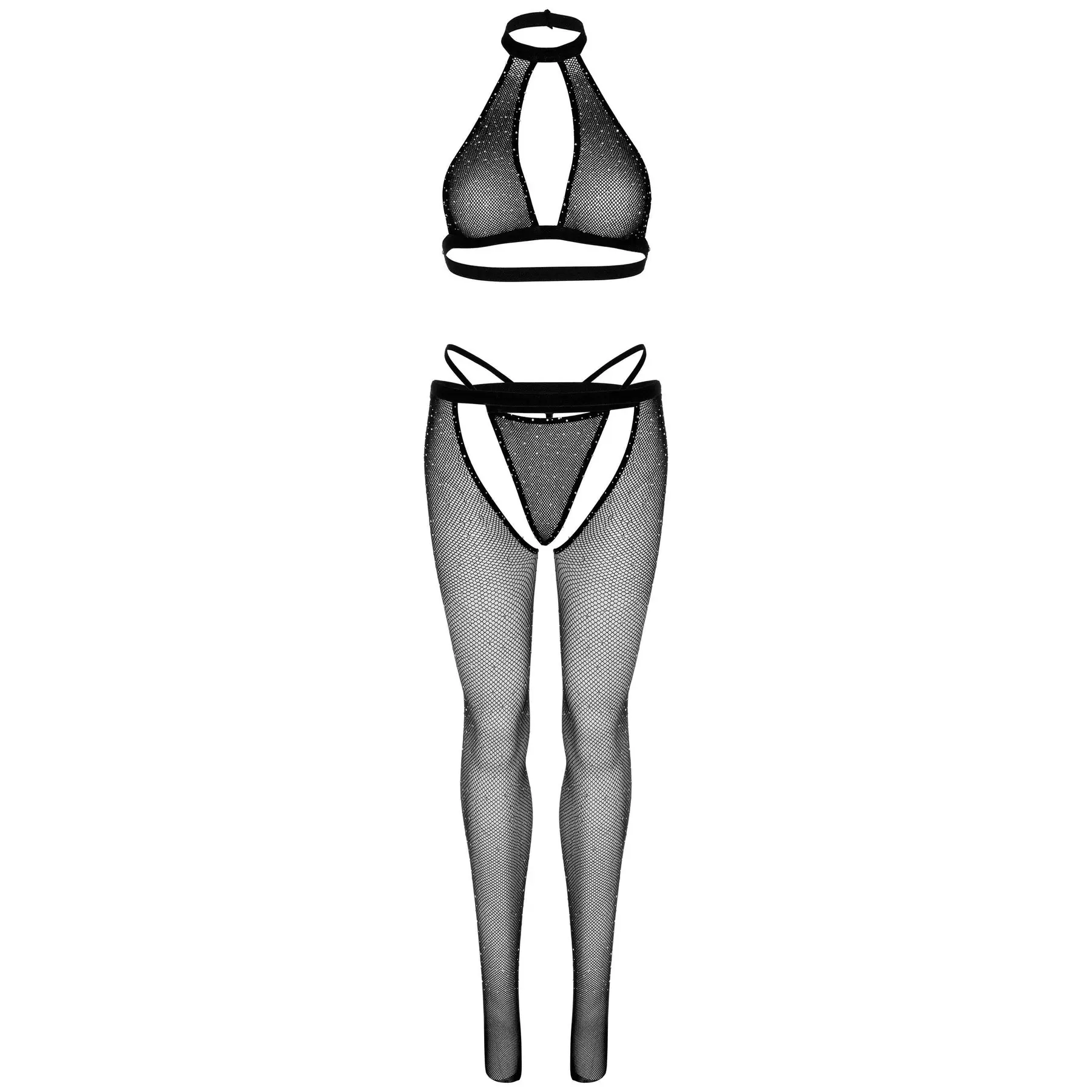Damen Crop-Set mit String und offenen Strumpfhosen im Schritt Leg Avenue (x3)