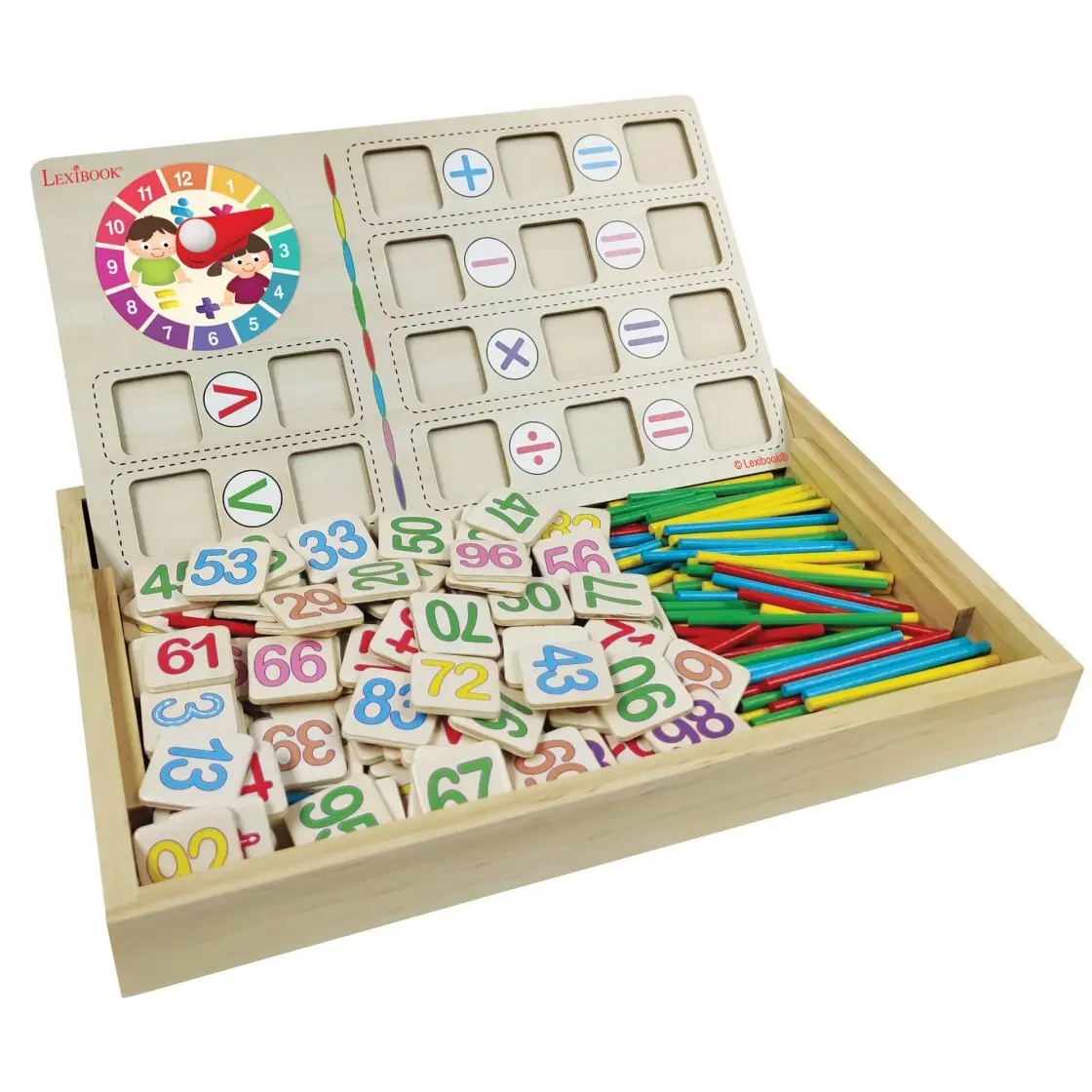 3380743091938 - Holzkiste zum Lernen von Mathematik und Operationen mit Schiefertafel Kreiden Löschkissen und Stäbchen Lexibook