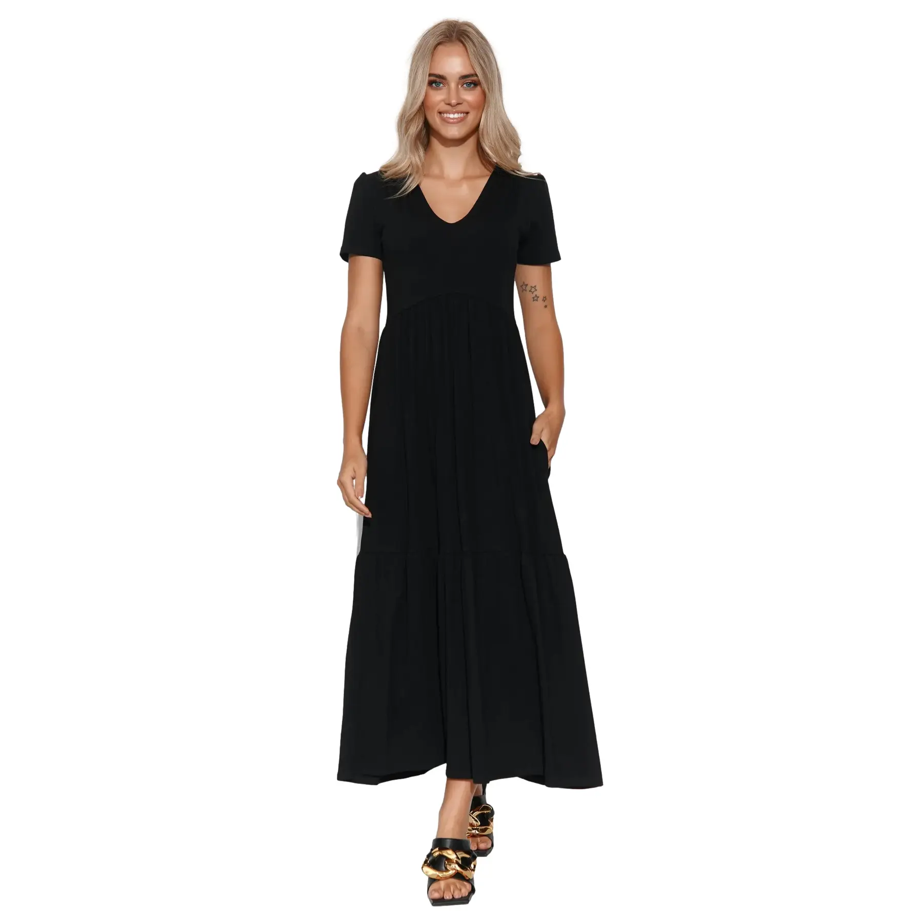 Image of Lange V-Ausschnitt Strickkleid für Frauen Makadamia
