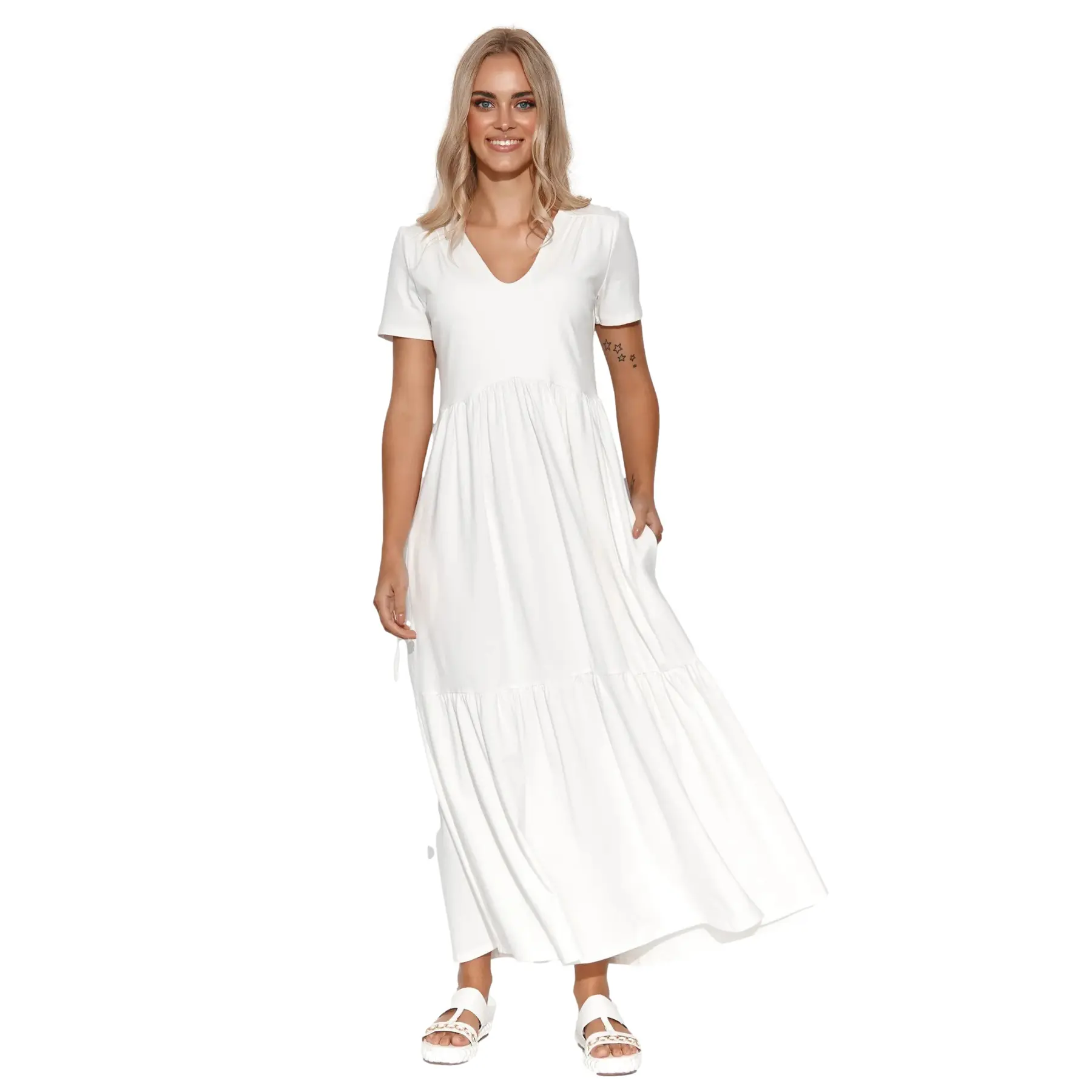 Makadamia Women's Blanc Long V-Neck Knitted Dress