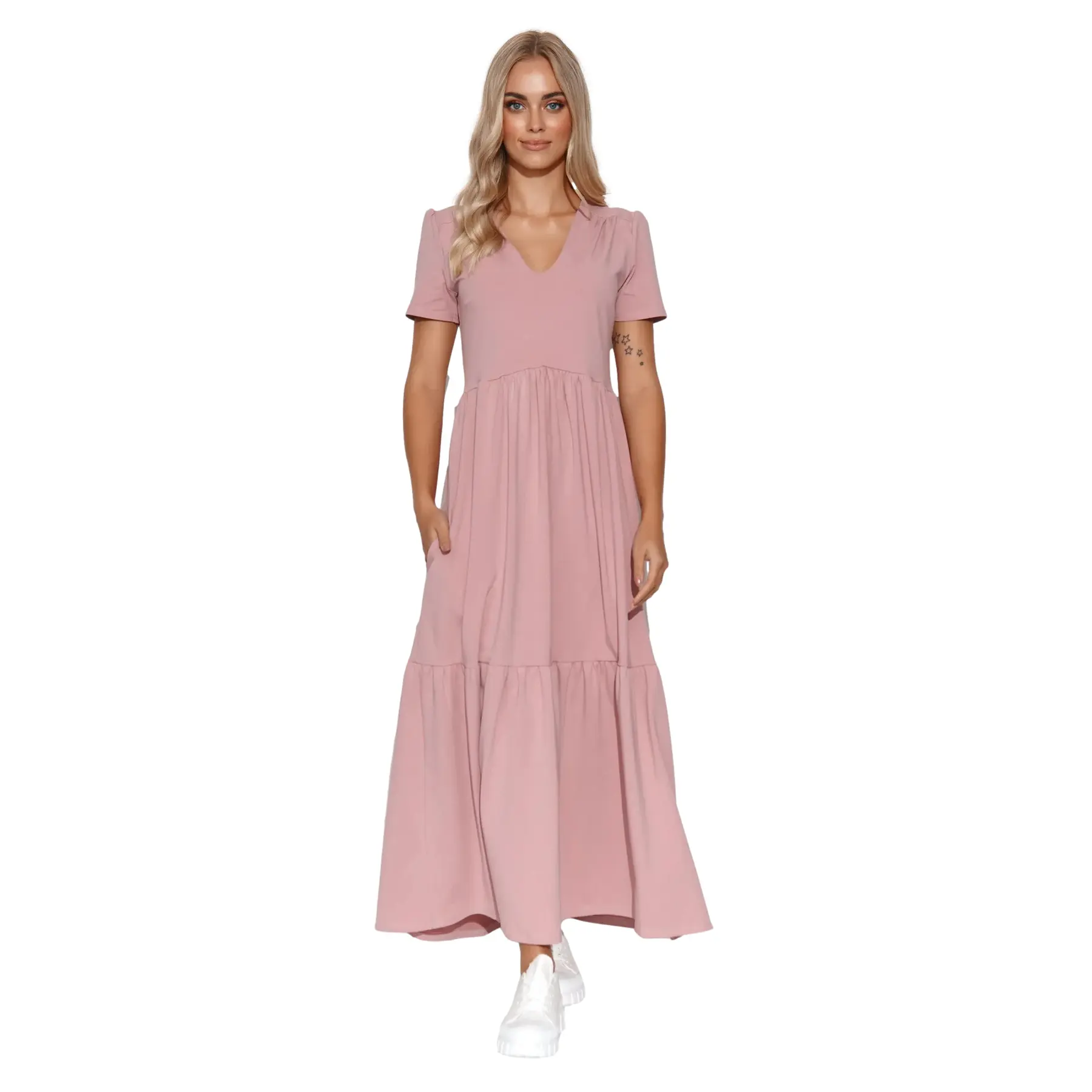 Makadamia Women's Rose Long V-Neck Knitted Dress