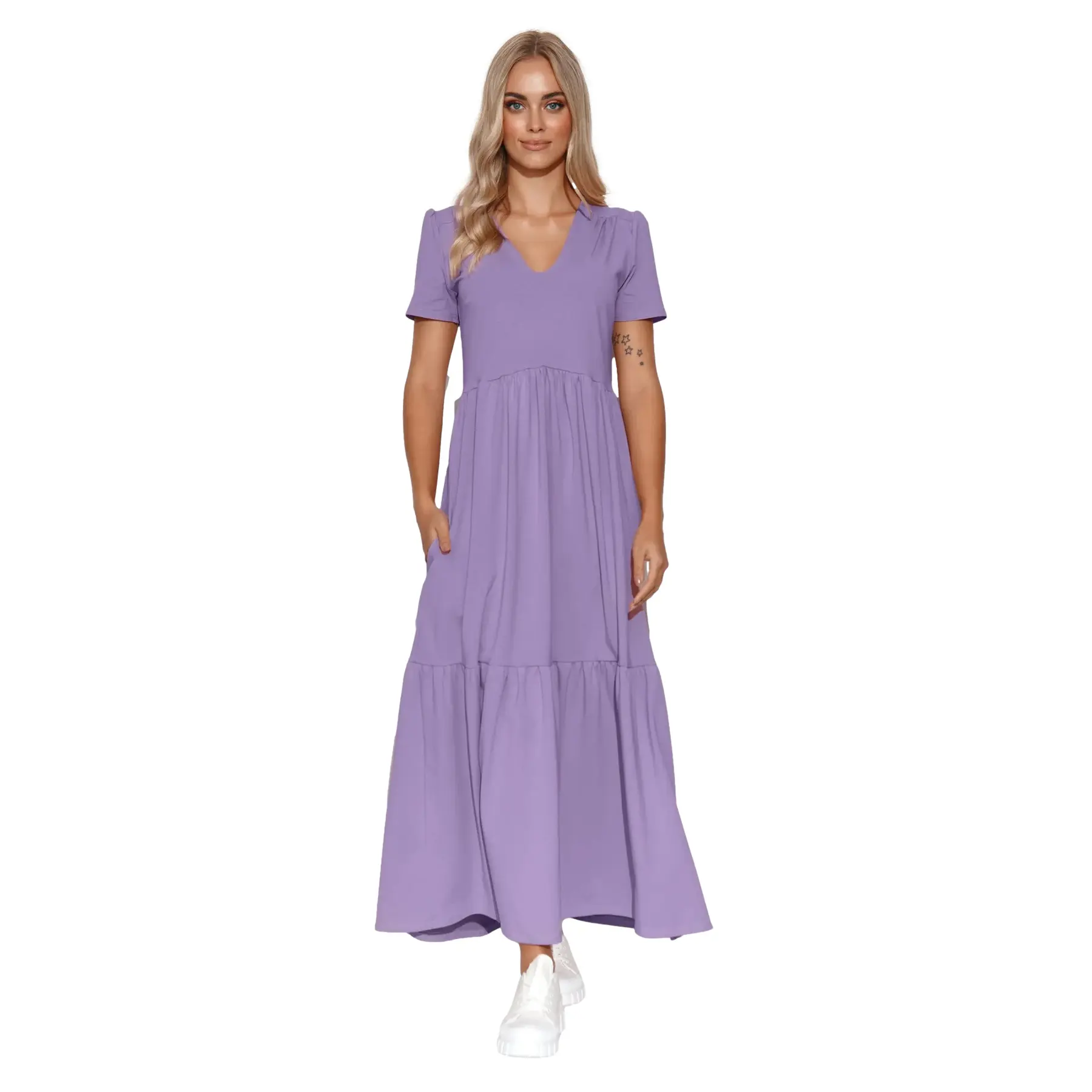 Makadamia Women's Violet Long V-Neck Knitted Dress