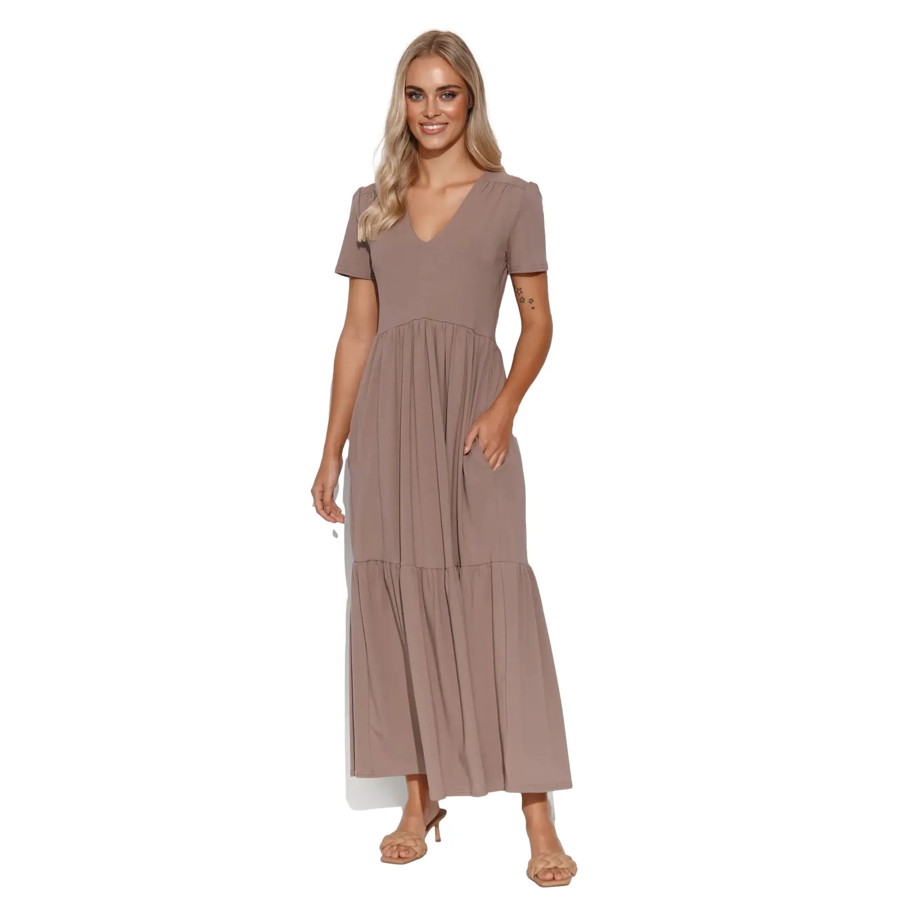 Makadamia Women's Marron Long V-Neck Knitted Dress