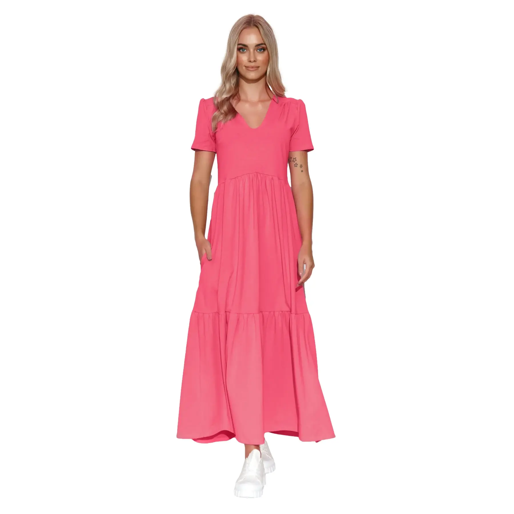 Lange V-Ausschnitt Strickkleid für Frauen Makadamia