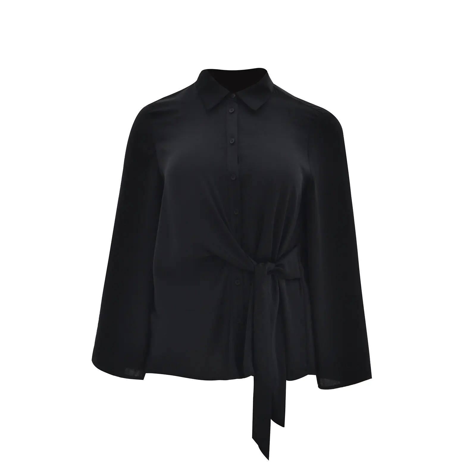 Mat Fashion Women's Noir Satin Long Sleeve Belted Shirt