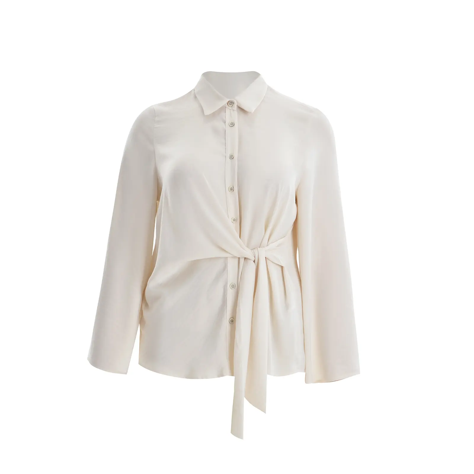 Mat Fashion Women's Blanc Satin Long Sleeve Belted Shirt