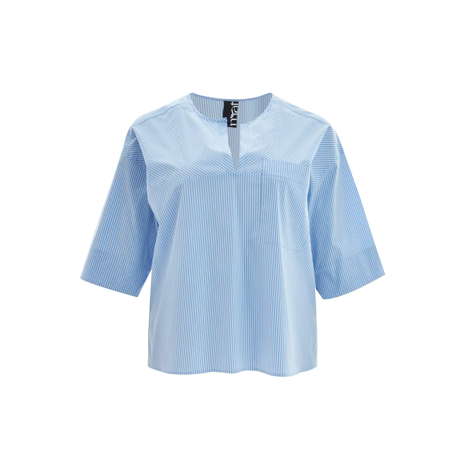 Mat Fashion Women's Bleu Modern Neck Cotton Blend Striped Blouse With Chest Pocket