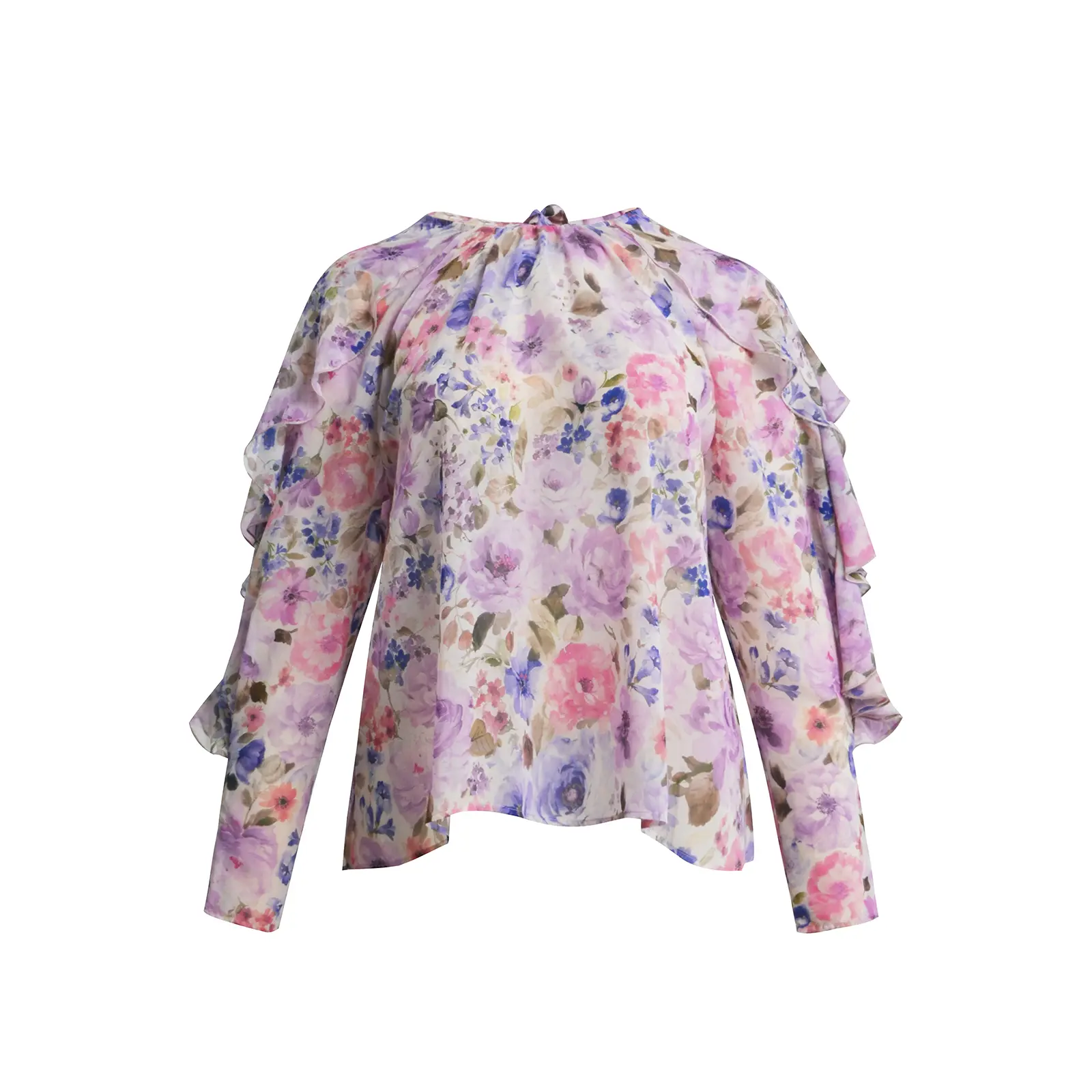 Mat Fashion Women's Violet Floral Ruffle Sleeve Blouse