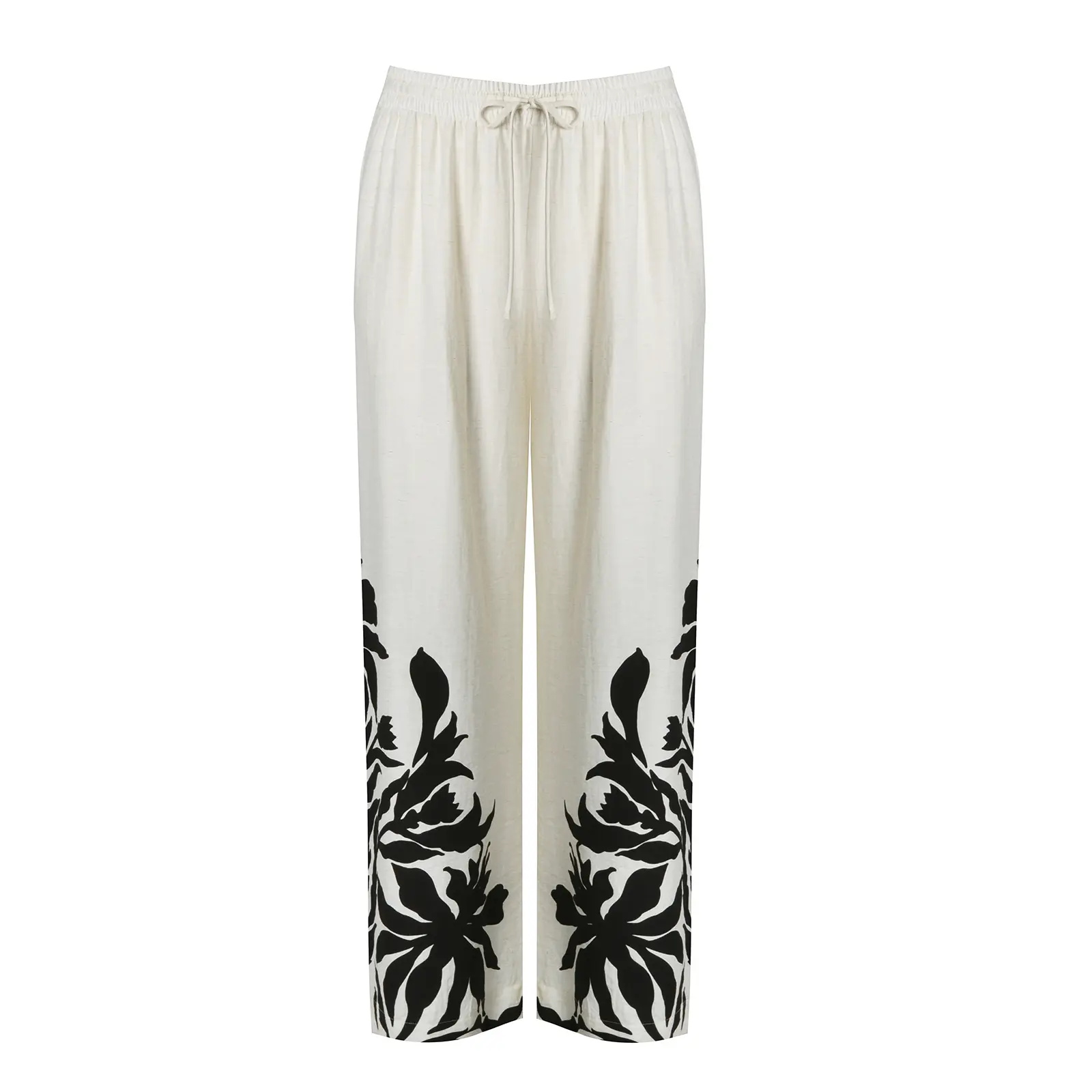 Mat Fashion Women's Blanc Wide Floral Linen Blend Trousers