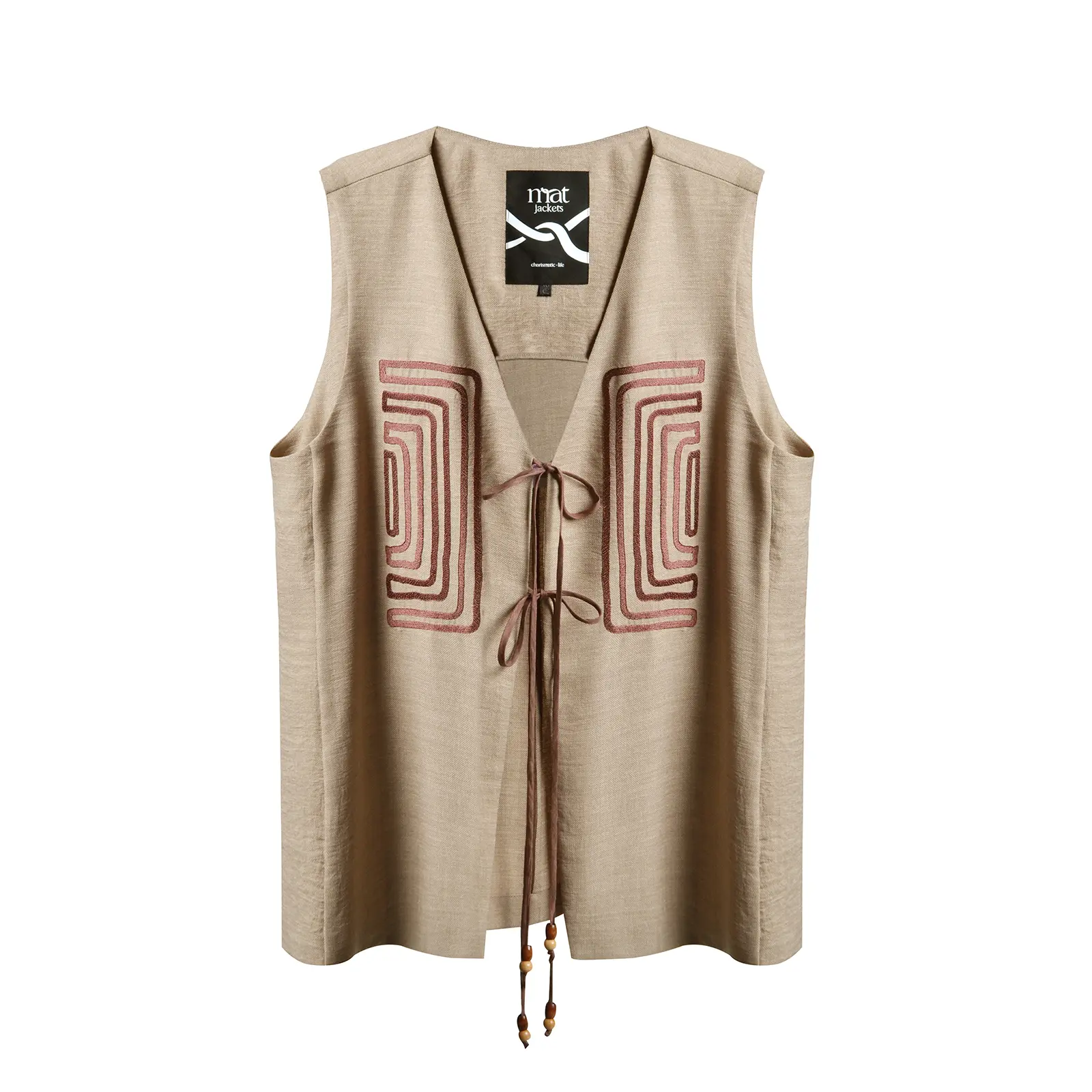 Gilet con ricami a forma di labirinto in misto lino donna