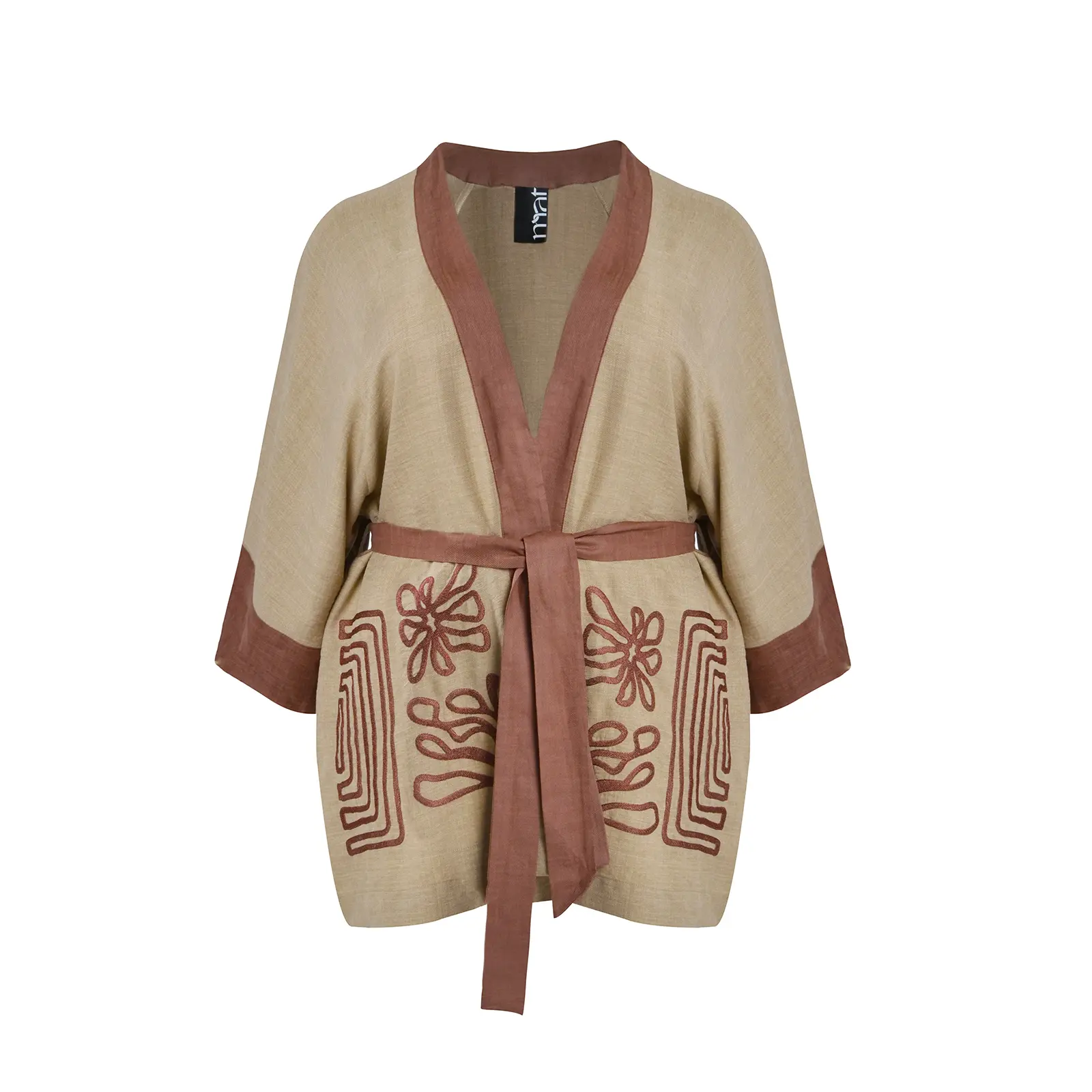 Kimono decorato con ricami a forma di labirinto in misto lino donna