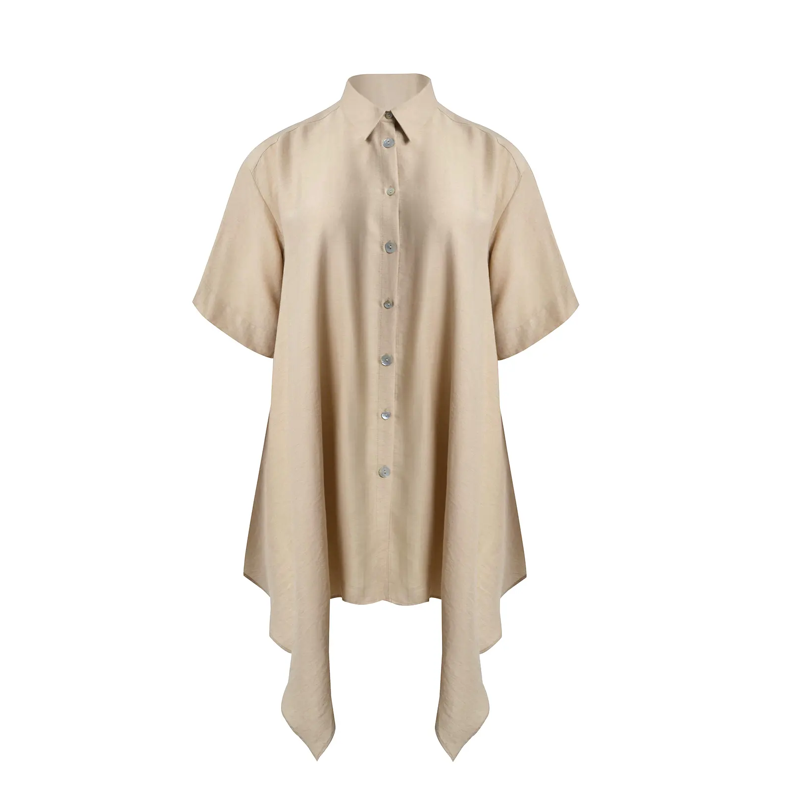 Mat Fashion Women's Beige Asymmetrical Long Linen Blend Blouse