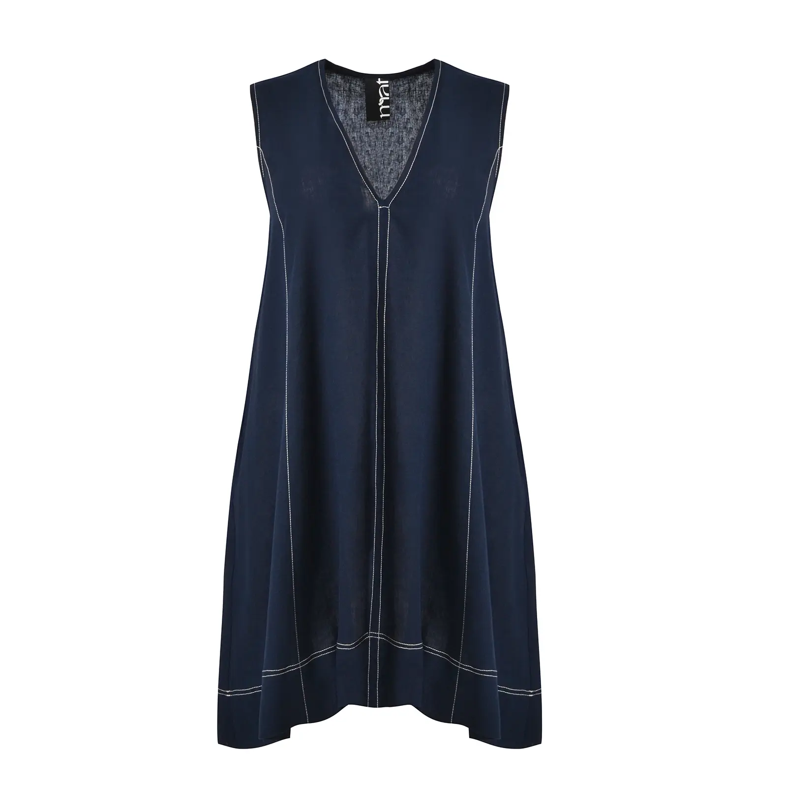Mat Fashion Women's Bleu Sleeveless V-Neck Dress In Viscose And Linen For
