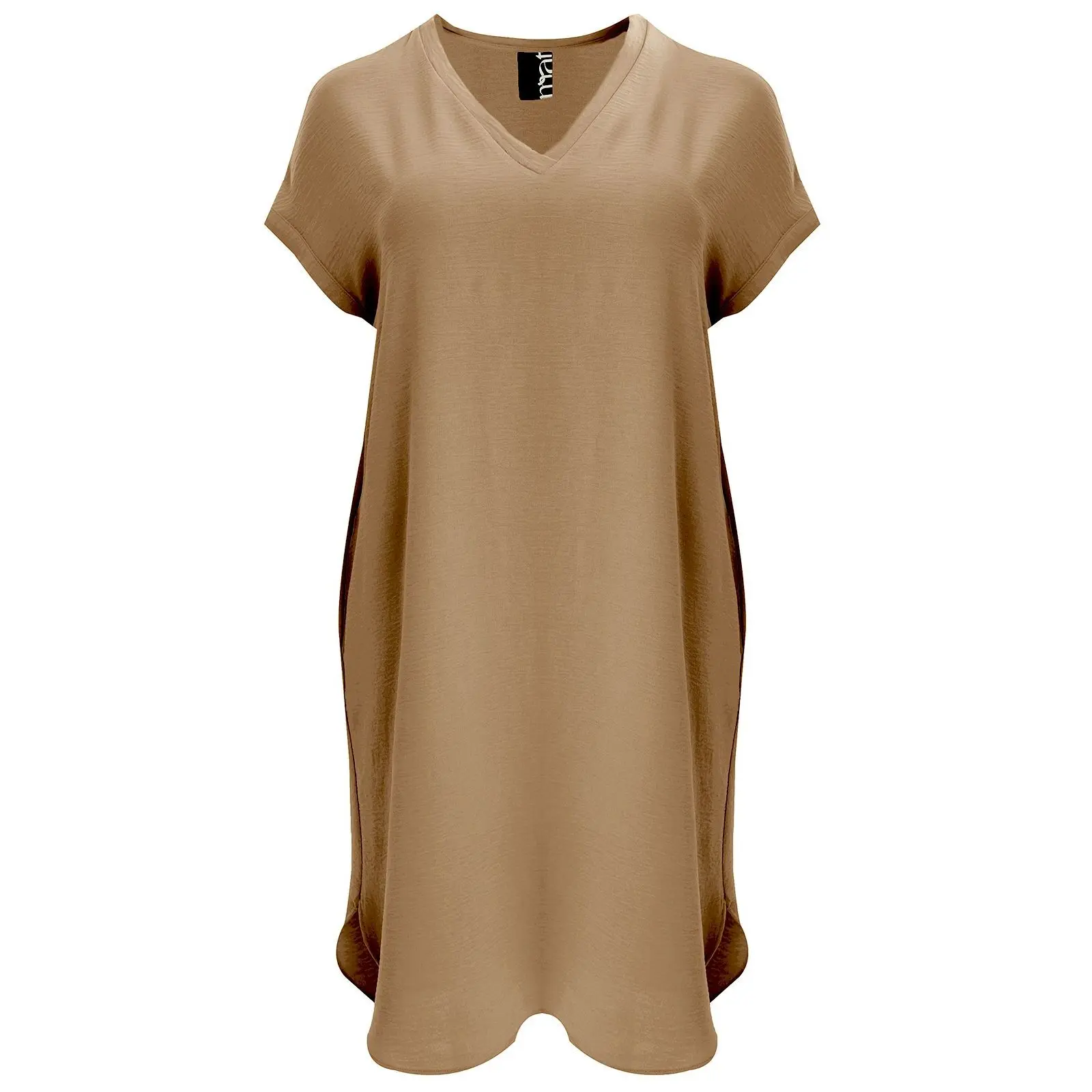 Mat Fashion Women's Beige V-Neck Crepe Dress