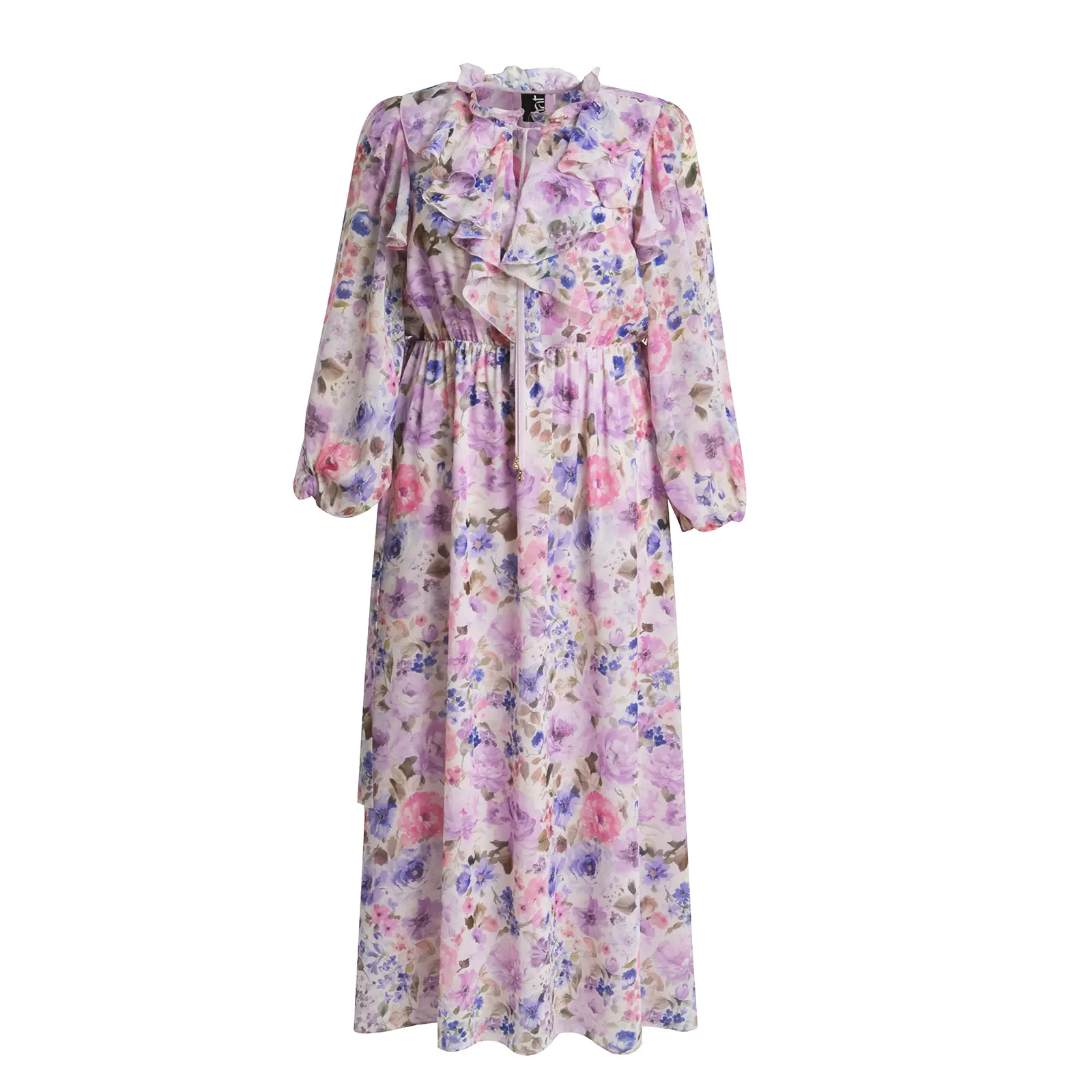 Mat Fashion Women's Violet Floral Ruffle Long Sleeve Dress
