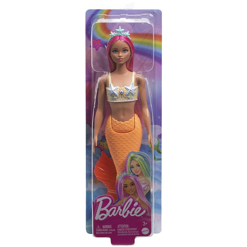 0194735183661 - Barbie Meerjungfrau mit pinkem Haar orangefarbener Schwanzflosse und Haarband Puppe