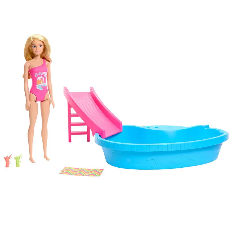 0194735178285 - Doll And Pool Playset Blonde With Pool Slide Towel And Drink Accessories