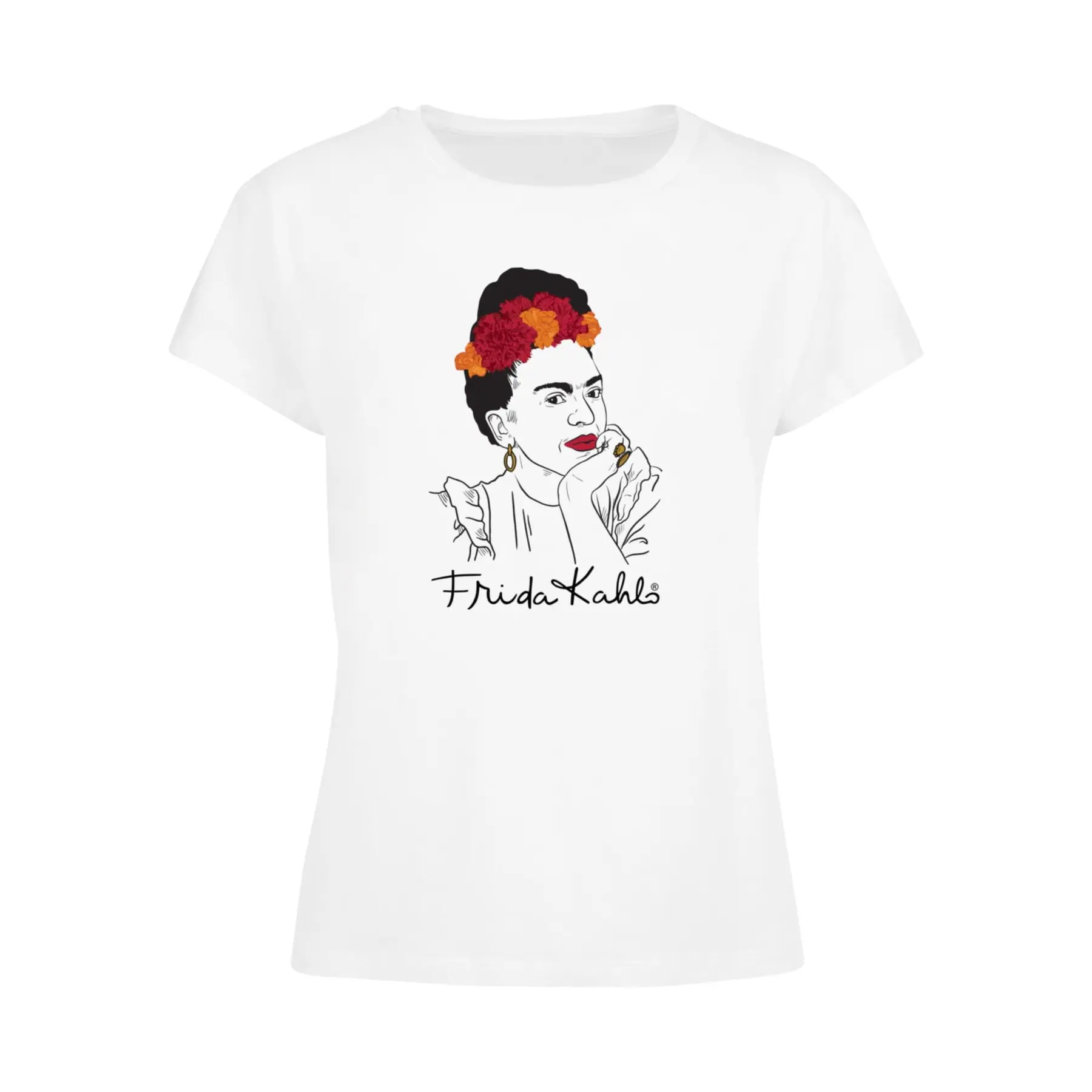 Merchcode Women's Blanc T-Shirt Frida Kahlo - Drawing With Flowers