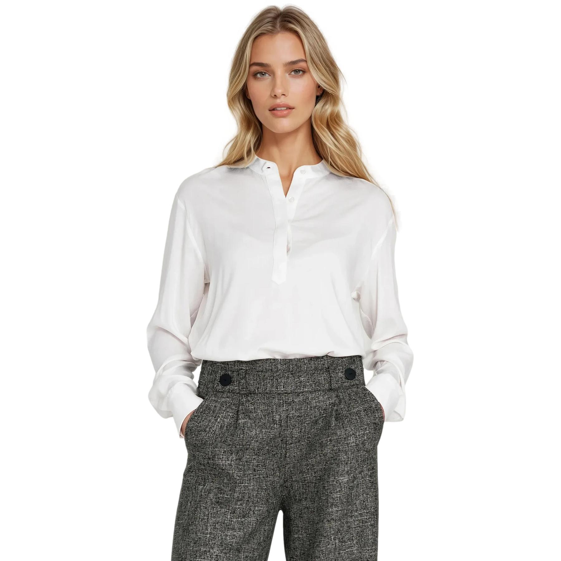 Blusa polo in viscosa con colletto alto da donna