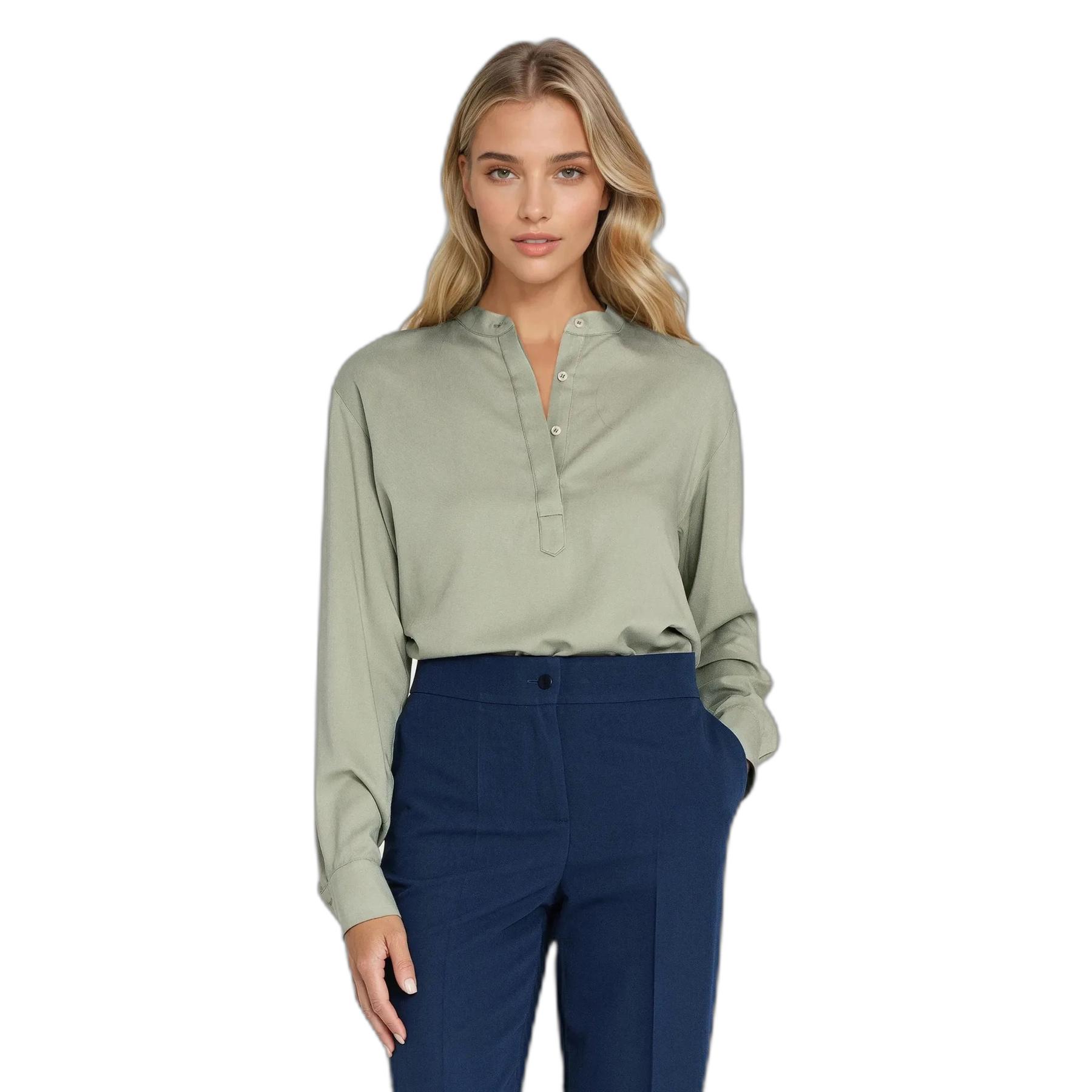 Blusa polo in viscosa con colletto alto da donna