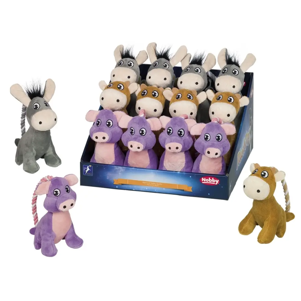 Peluches âne/vache/cochon pour chien avec corde Nobby Pet (x12)