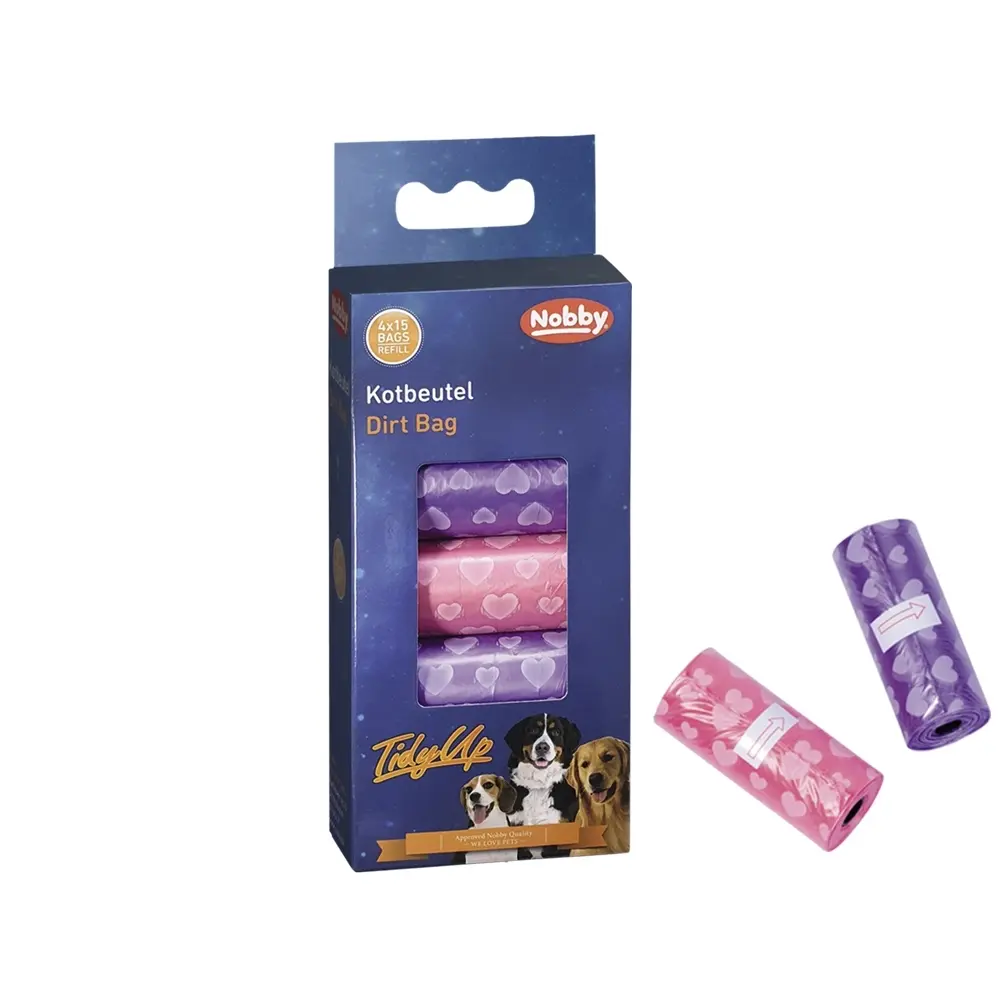 Nobby Pet Violet Rolls Of 15 Heart-Print Dog Poop Bags Tidyup