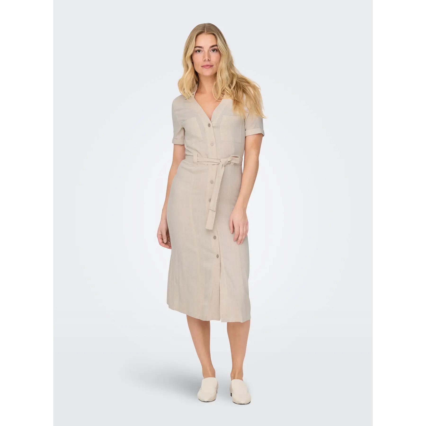 5715678519161 - ONLSIESTA SS LIN BL SHIRT DRESS PNT NOOS Mittellanges Kleid beige in L
