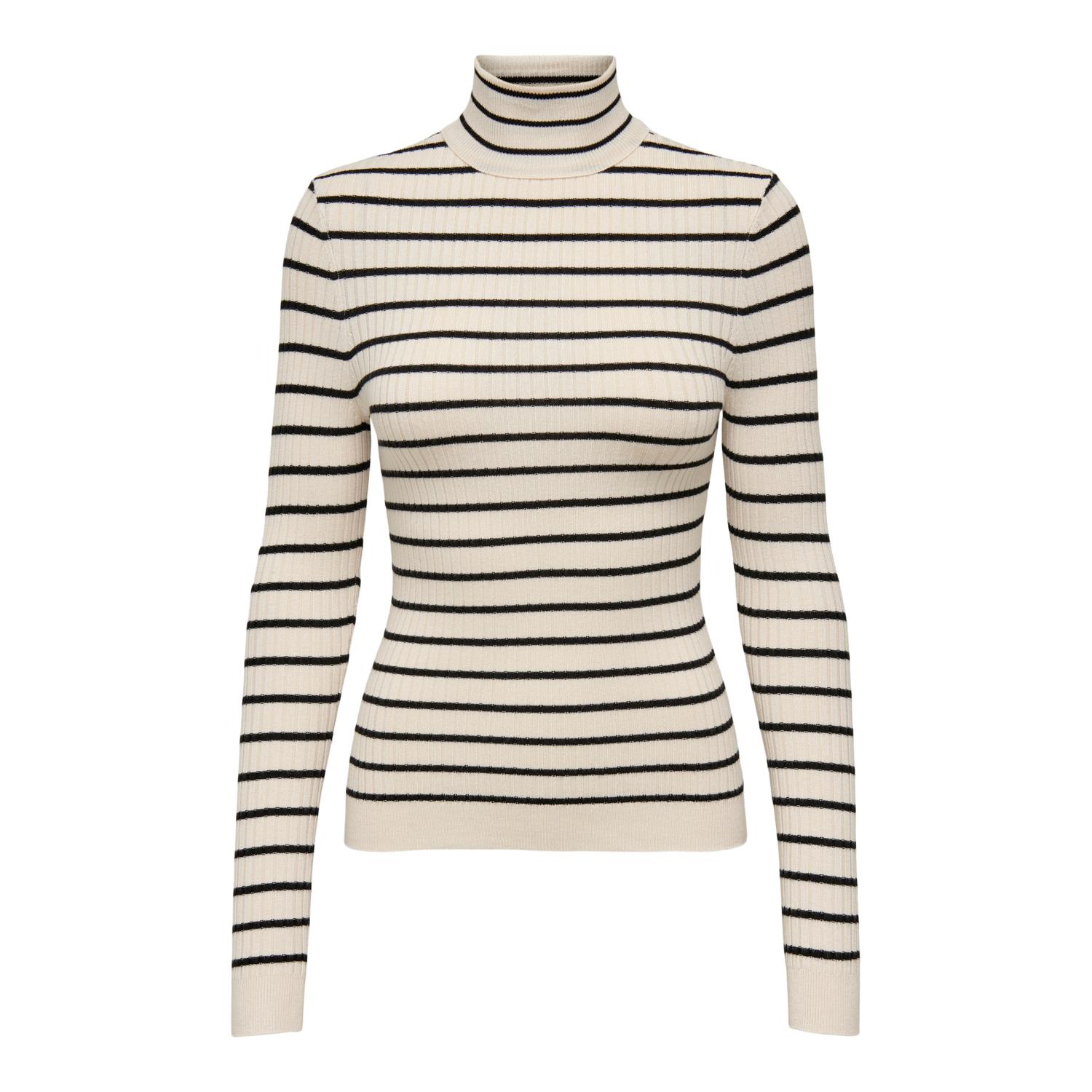 5715424978259 - ONLY Rollkragenpullover ONLKAROL L S ROLLNECK PULLOVER KNT NOOS Whitecap Gray Black Small Stripes Gestreift Weiß - Gr S