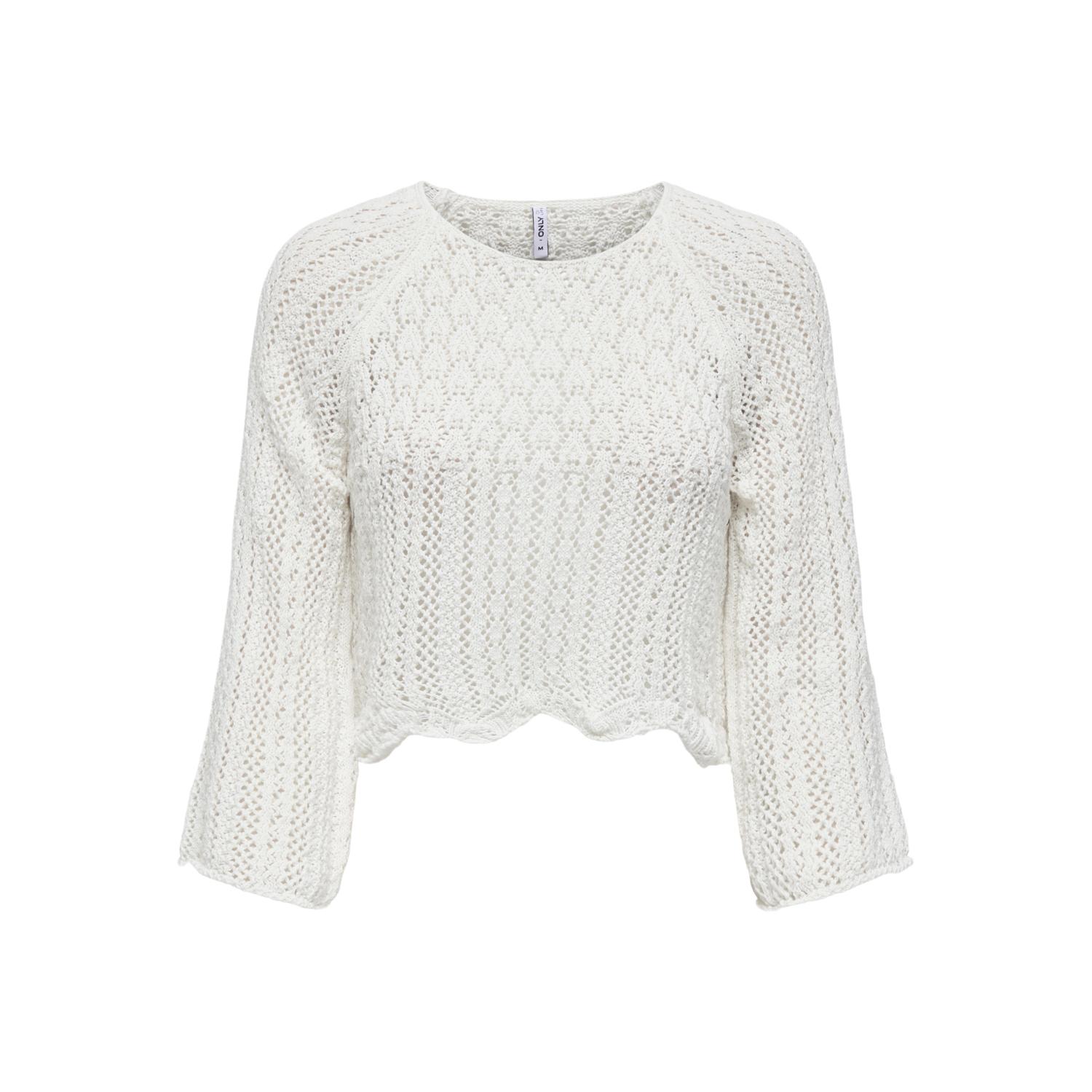 5715101613329 - - Cremeweißer Pullover in Häkeloptik mit kurzem Schnitt und weiten Ärmeln