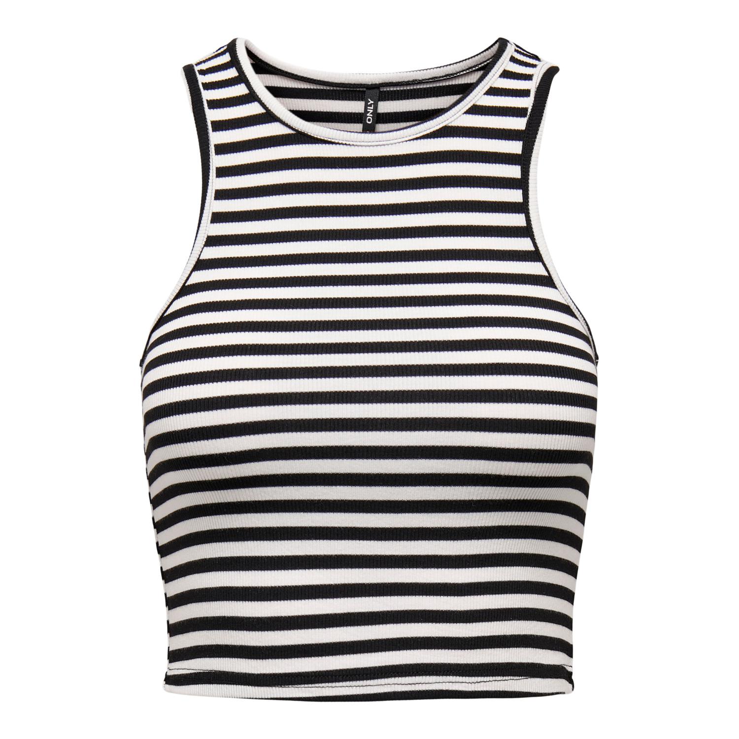 5715366986237 - - Kurz geschnittenes Oberteil in schwarz-weiß gestreift mit Racer-Ausschnitt-Black