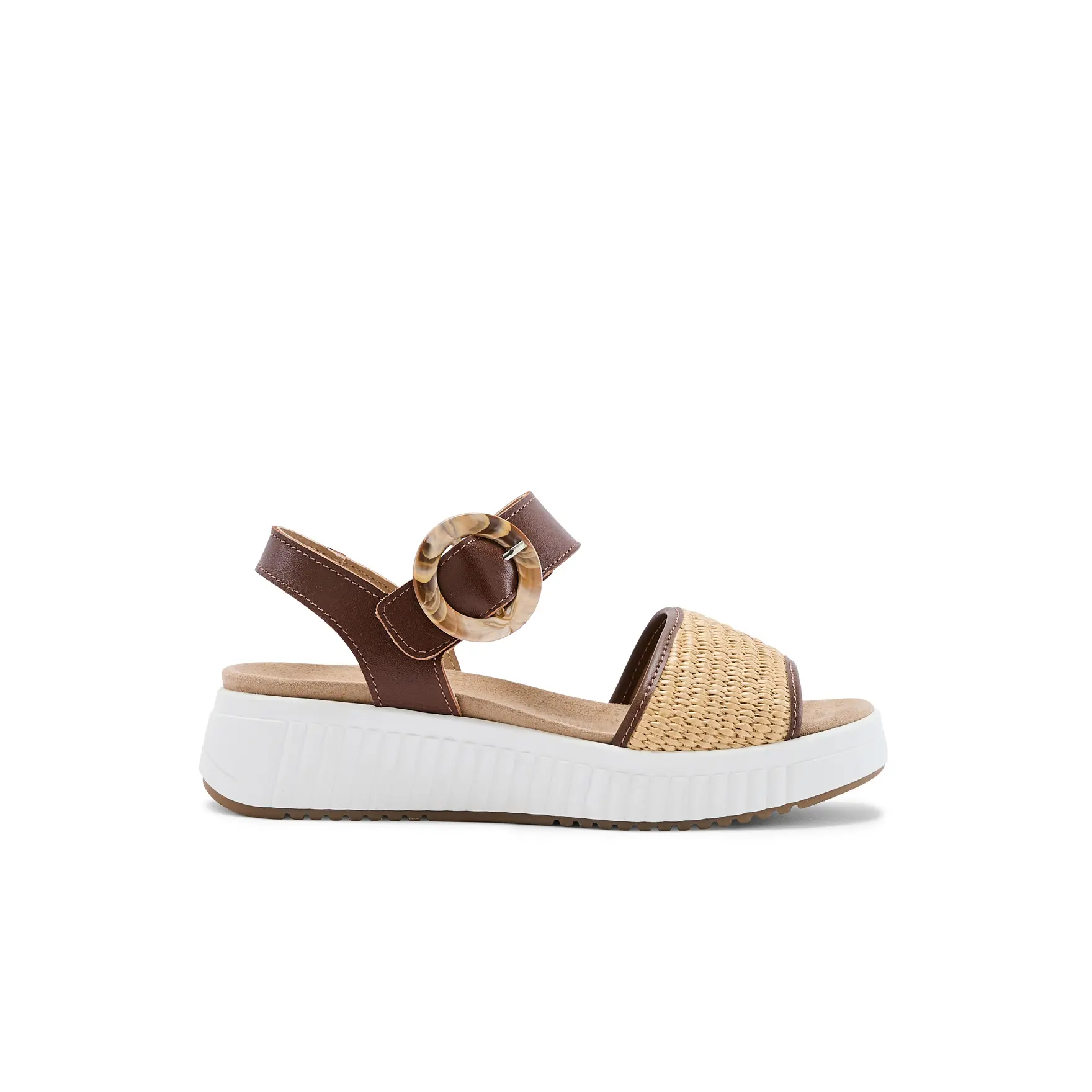 Sandali con velcro con zeppa in pelle e rafia donna