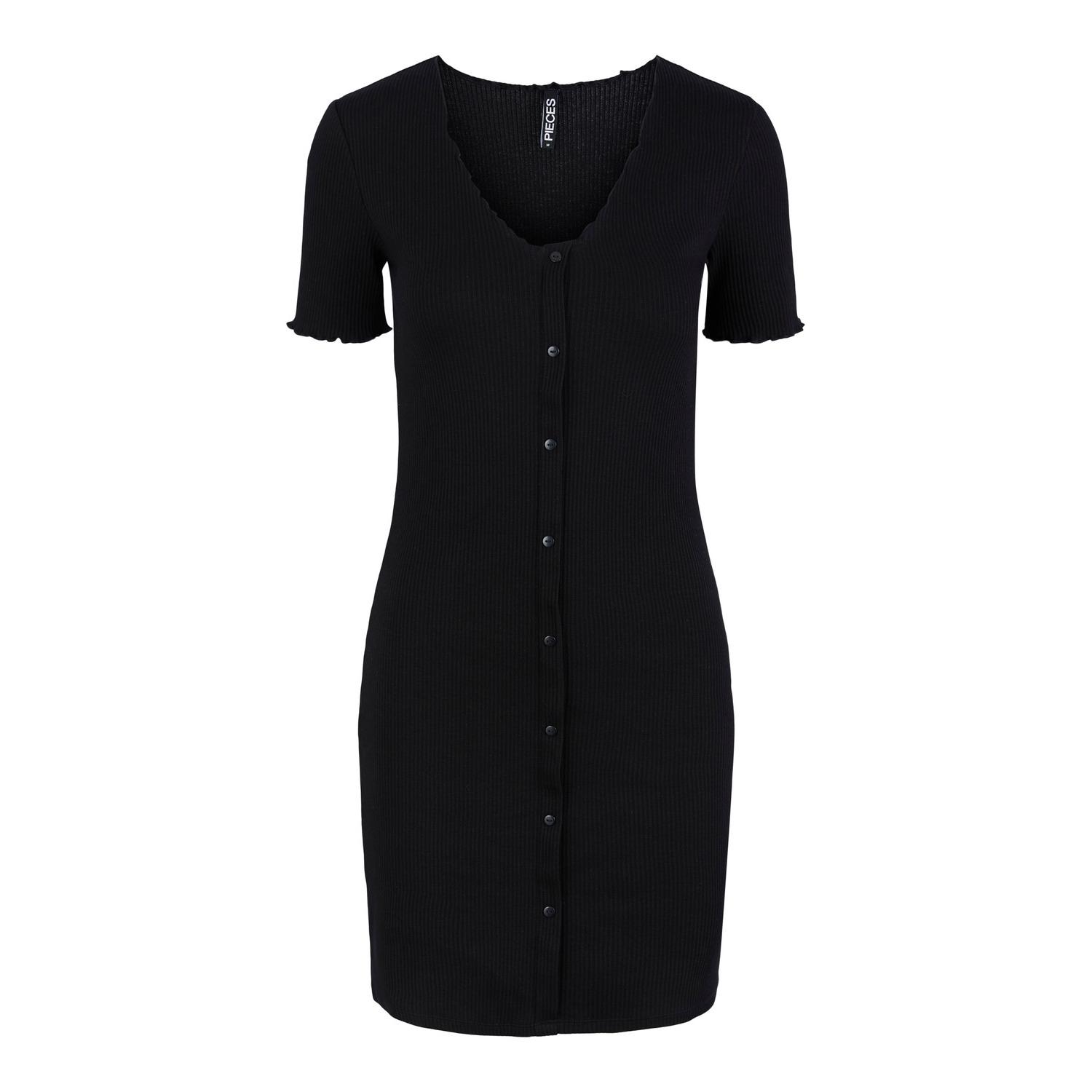 5715306486063 - - Geripptes Minikleid in Schwarz mit gekräuseltem Saum