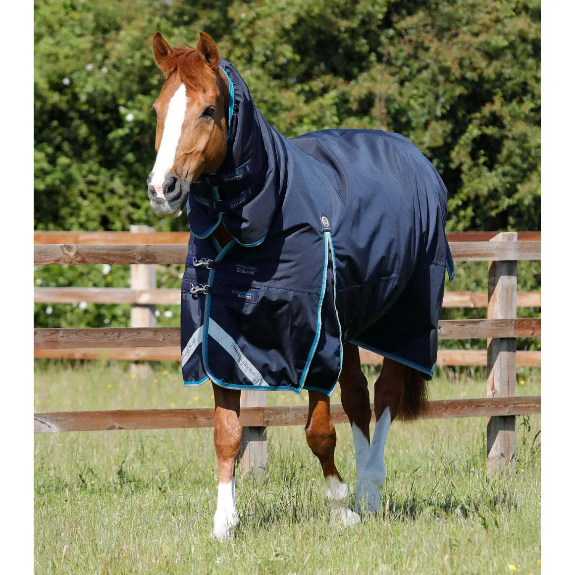 Premier Equine Bleu Waterproof Outdoor Horse Blanket With Neck Cover Buster Storm 100 G
