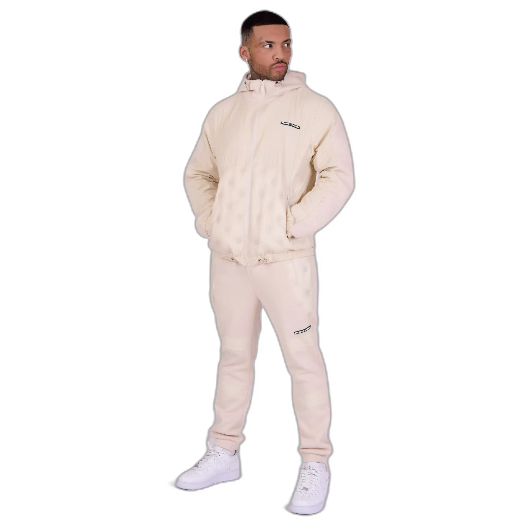 Giacca con cappuccio bi-materiale imbottita rotonda