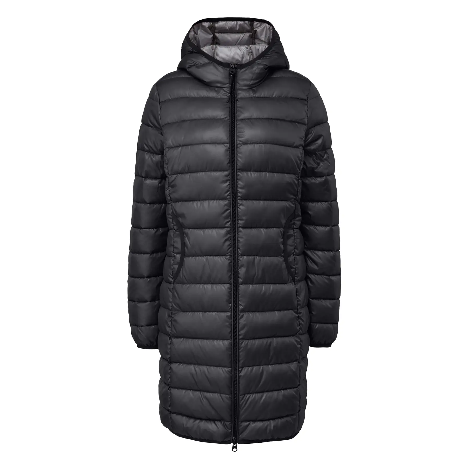 Lange Steppjacke mit Kapuze und Paspel für Damen QS