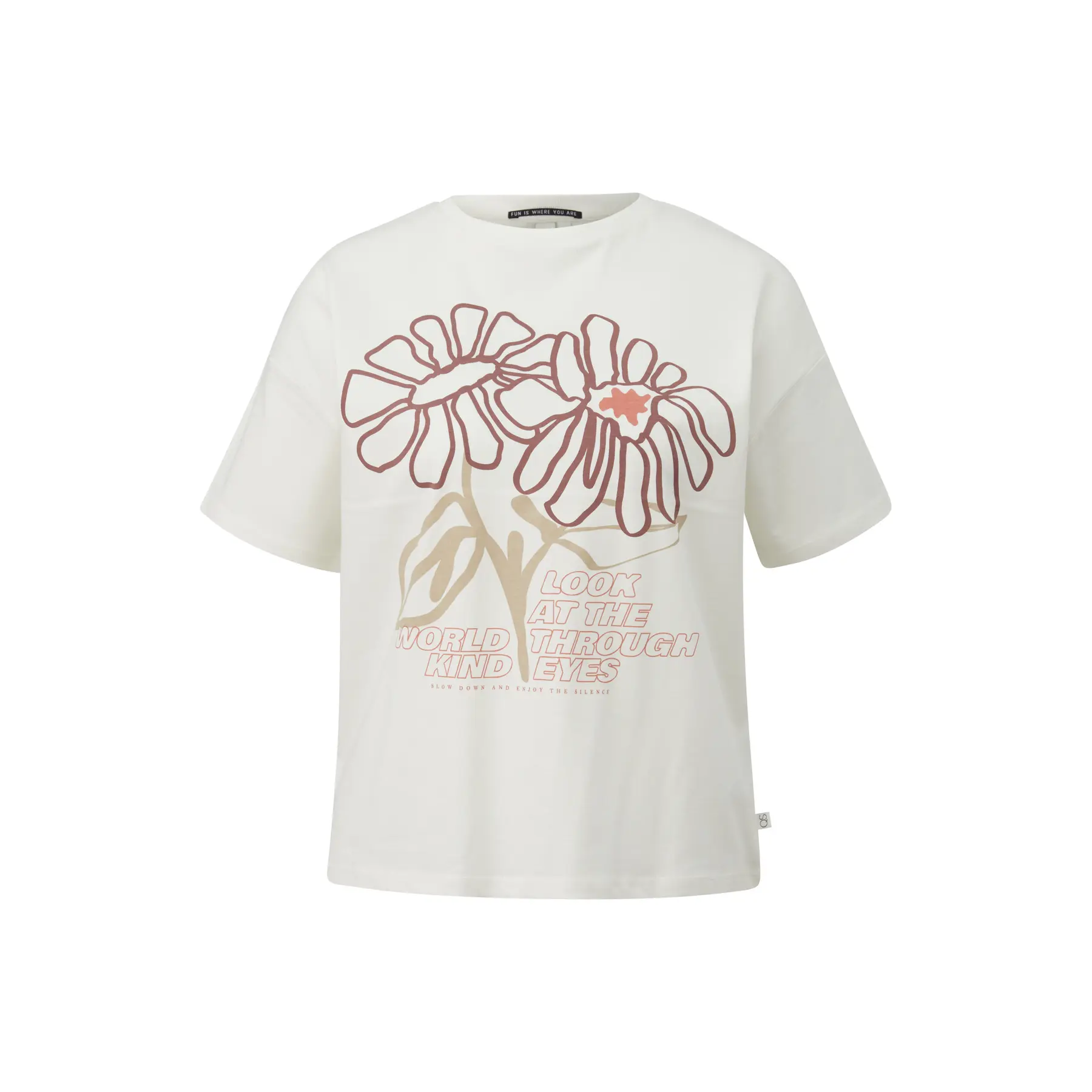 Damen T-Shirt mit fallenden Schultern und Druck auf der Vorderseite QS