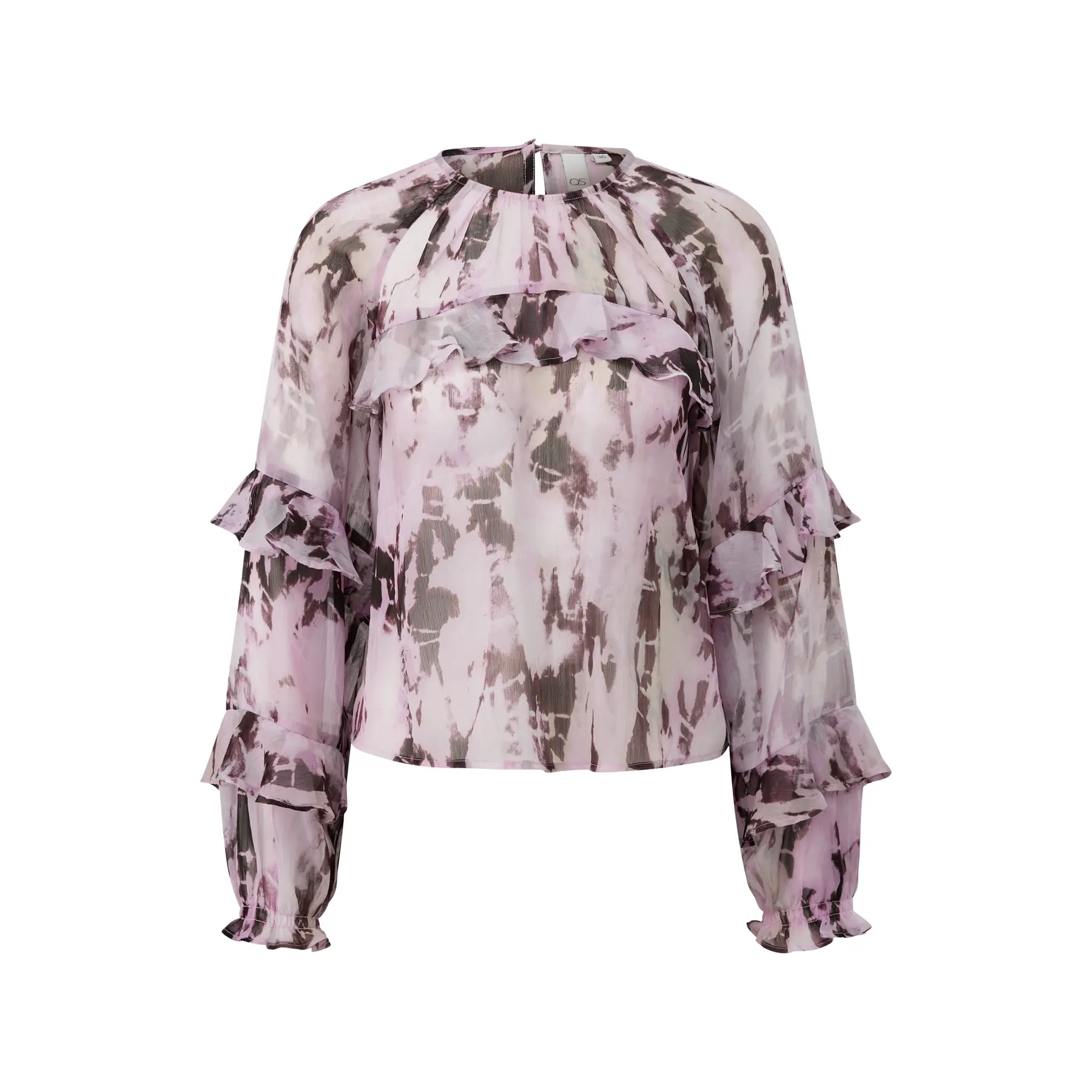 Leicht transparente Chiffonbluse mit Rüschendetails und ganzflächigem Muster für Damen QS