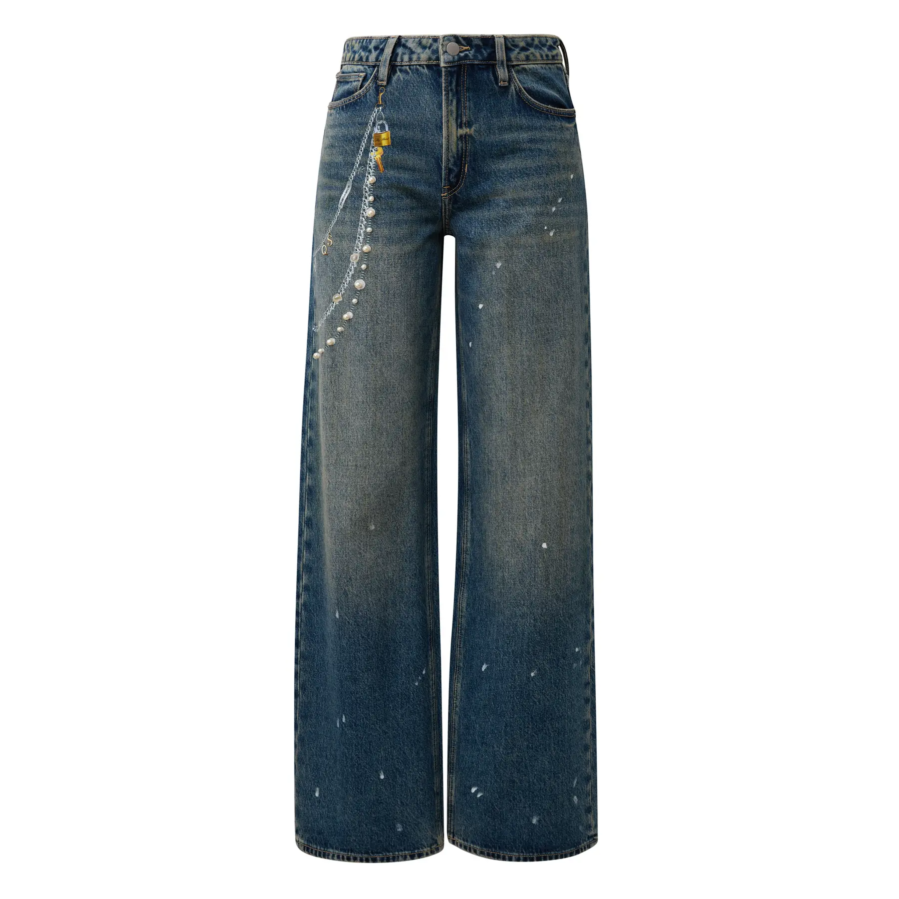 Jeans Catie a vita alta gamba larga ornamento gioiello donna