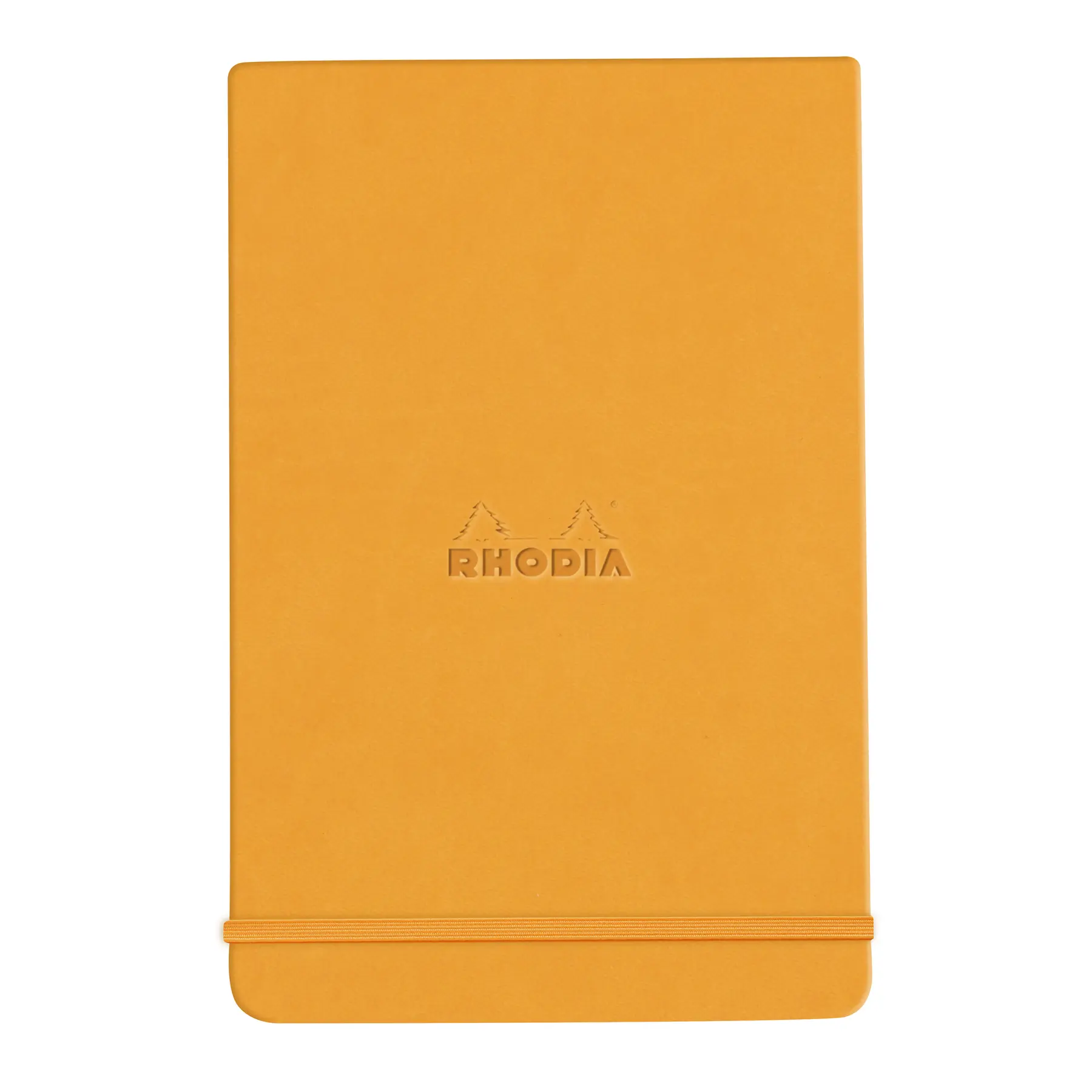 Fester, umlaufend gebundener Notizblock, 192 Seiten, liniert, mikroperforiertes, cremefarbenes Papier, mit Gummibandverschluss. Rhodia